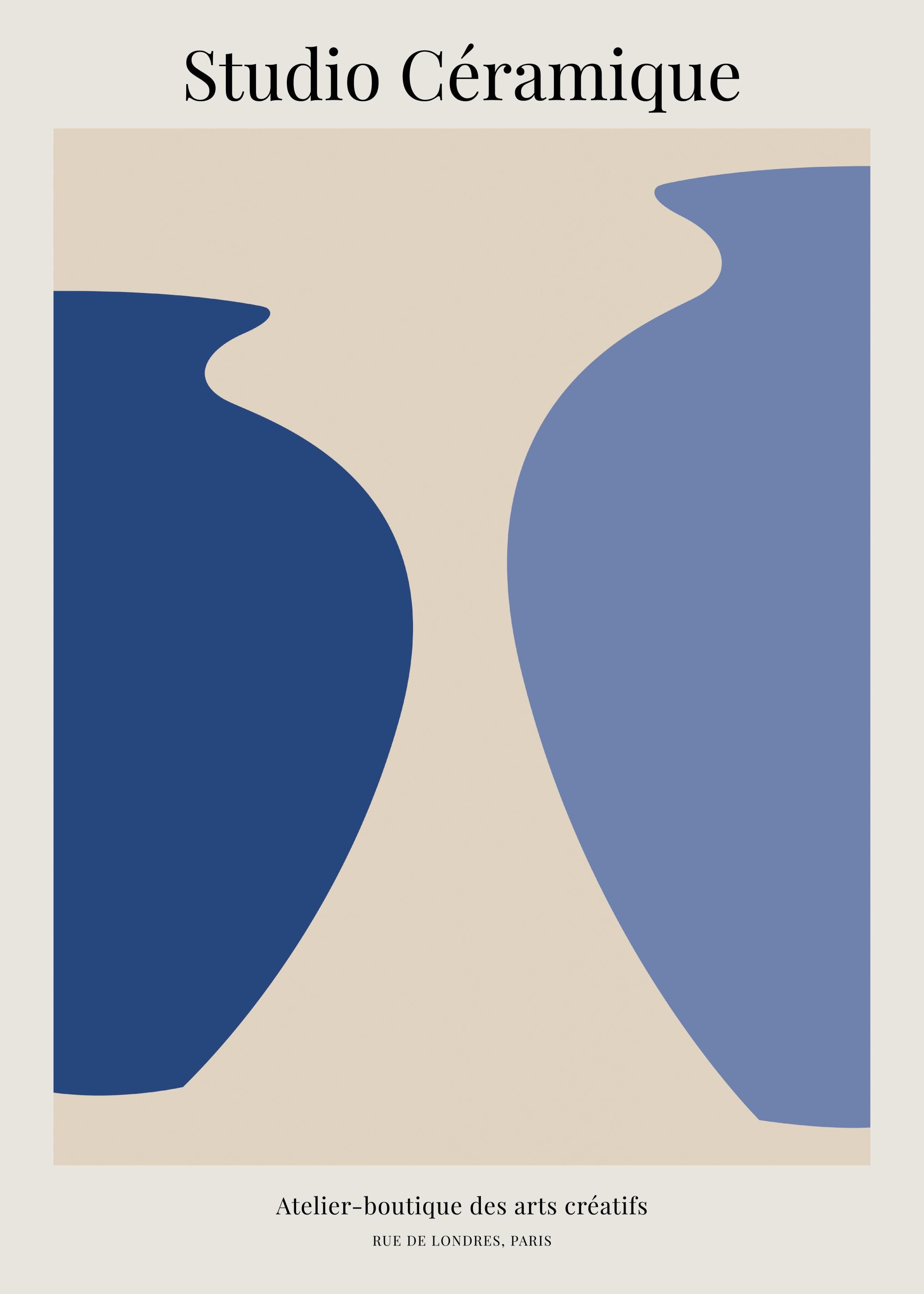 Graphic print of two blue vases on a beige background with Studio Ceramique text above.