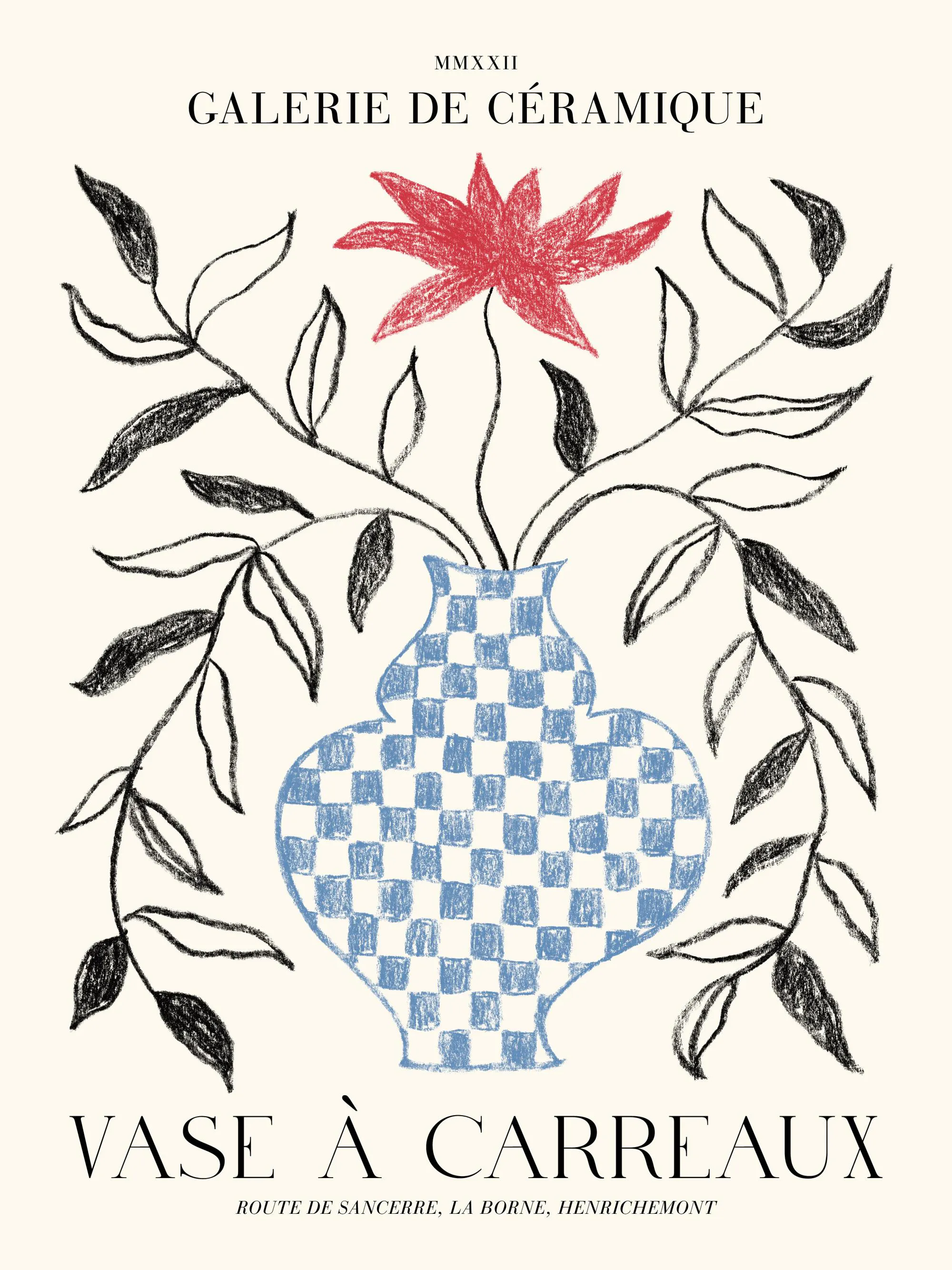 Póster de jarrón a cuadros azul y blanco con flor roja y plantas negras, fondo beige.