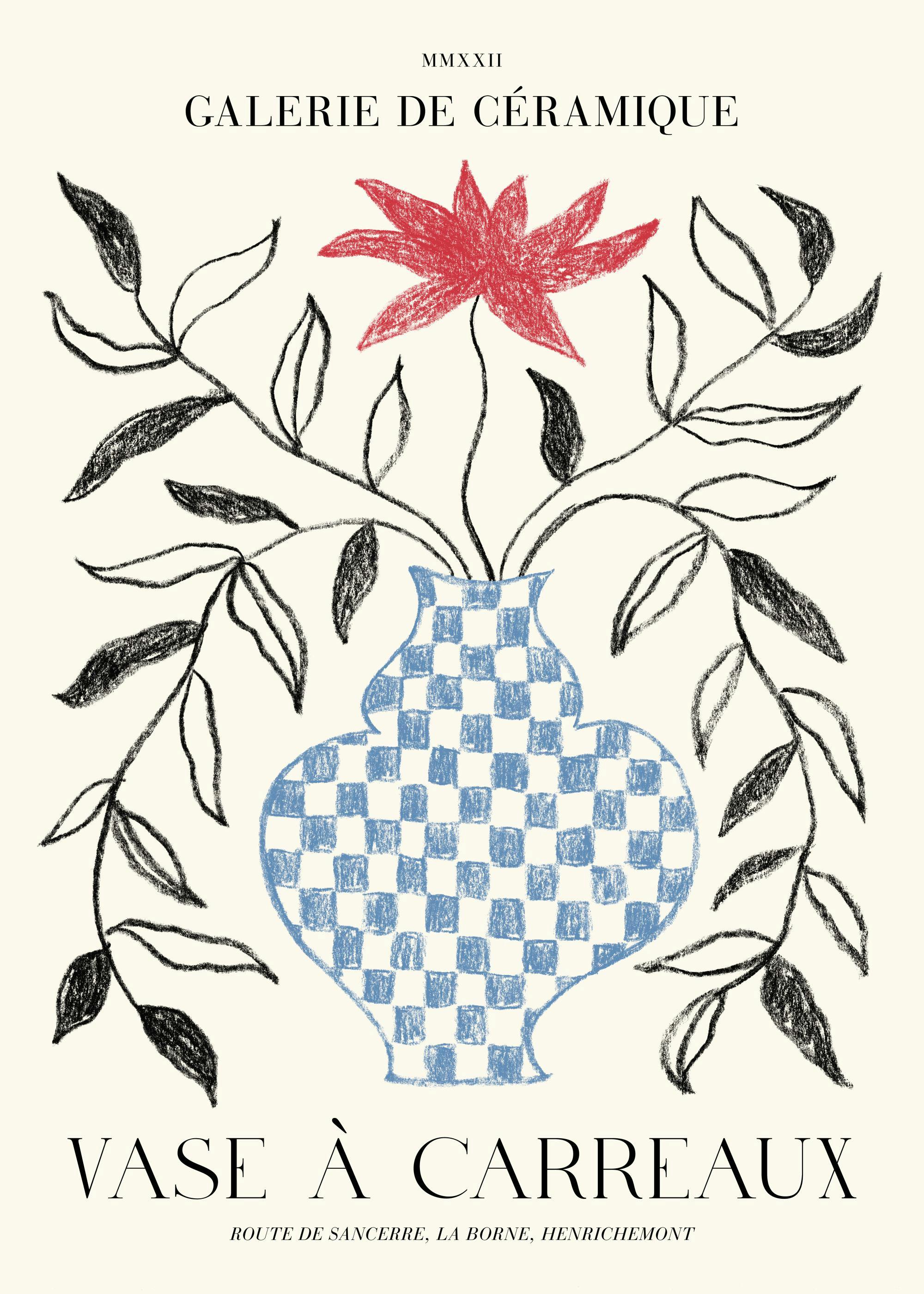 Póster estilo dibujo con florero a cuadros azules y blancos, hojas negras y flor roja. Texto Vase à Carreaux.