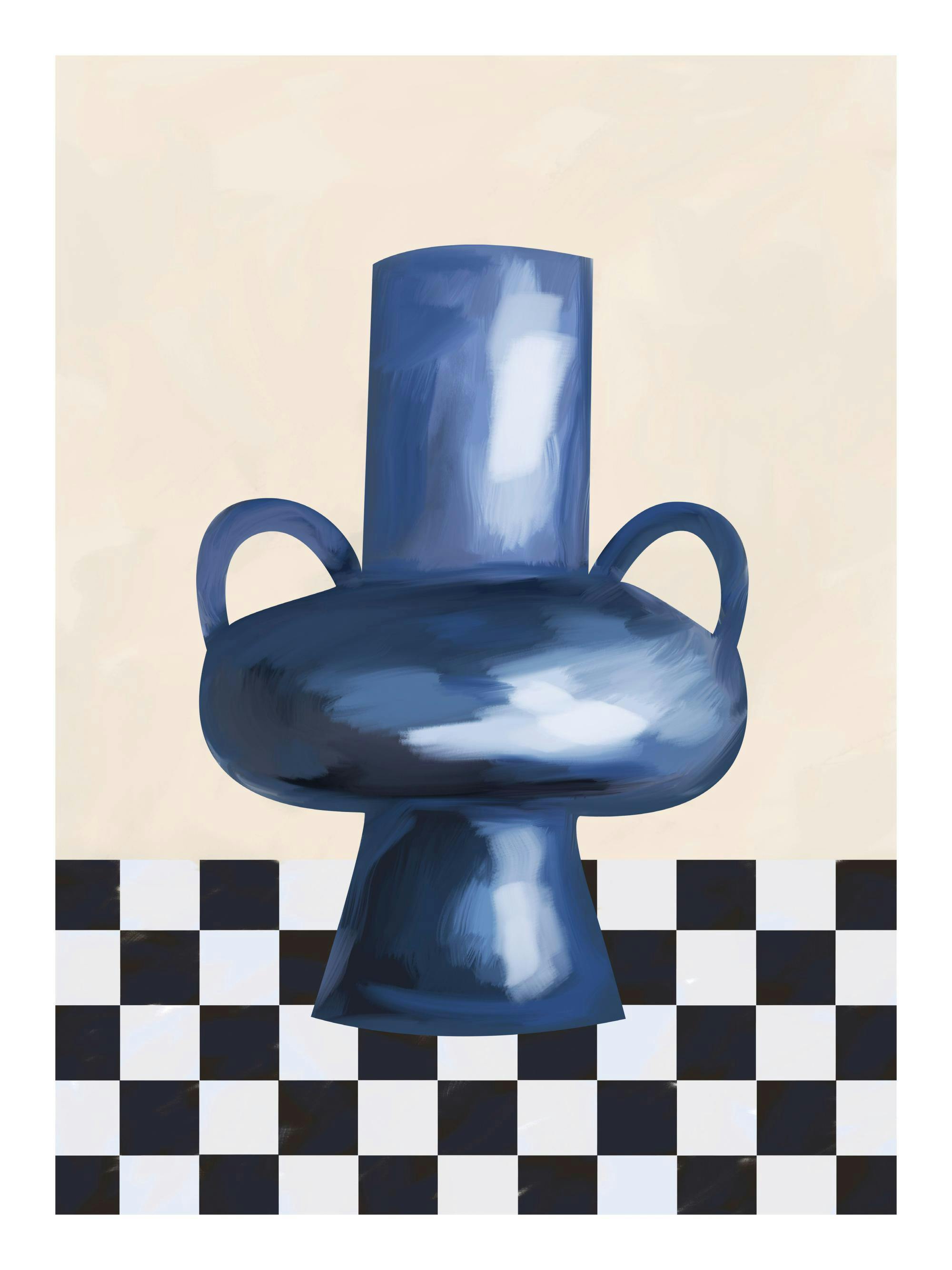 Graphical print of a blue vase on a black and white checkered pattern poster