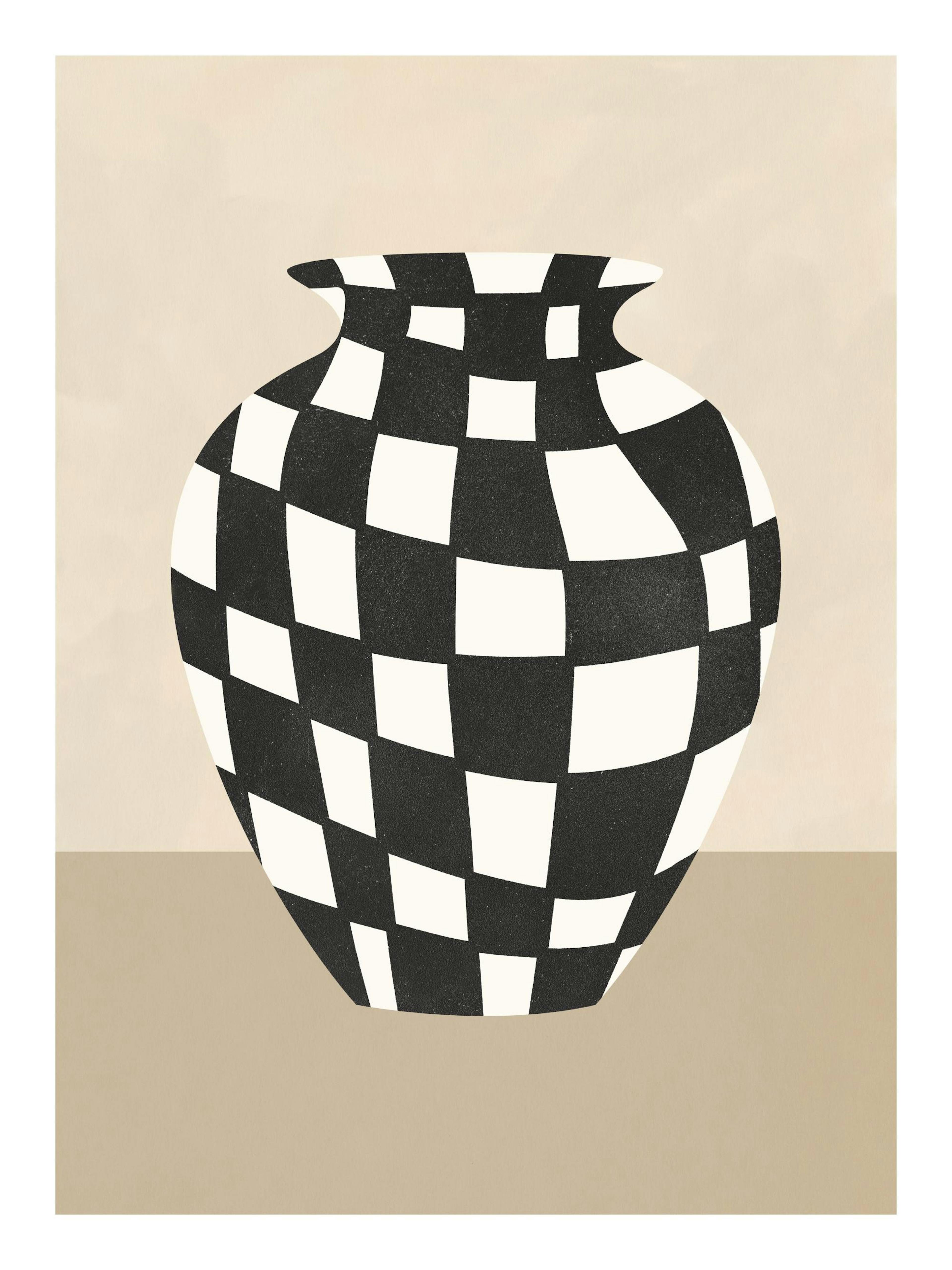 Chequer No2 poster featuring a black and white checkered vase on a beige background.