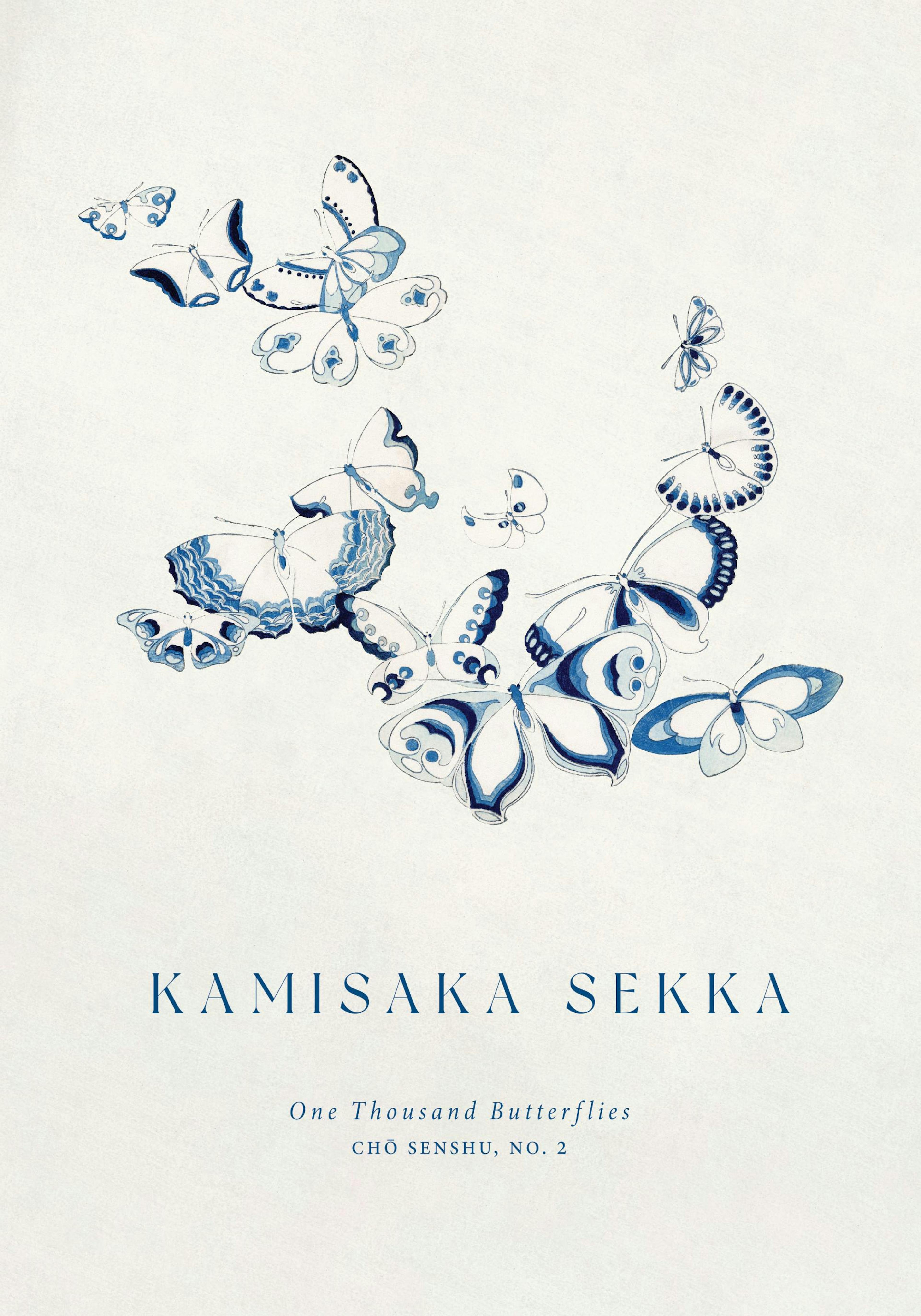 Póster de Kamisaka Sekka con ilustración de mariposas azules de varias formas. Texto azul debajo.
