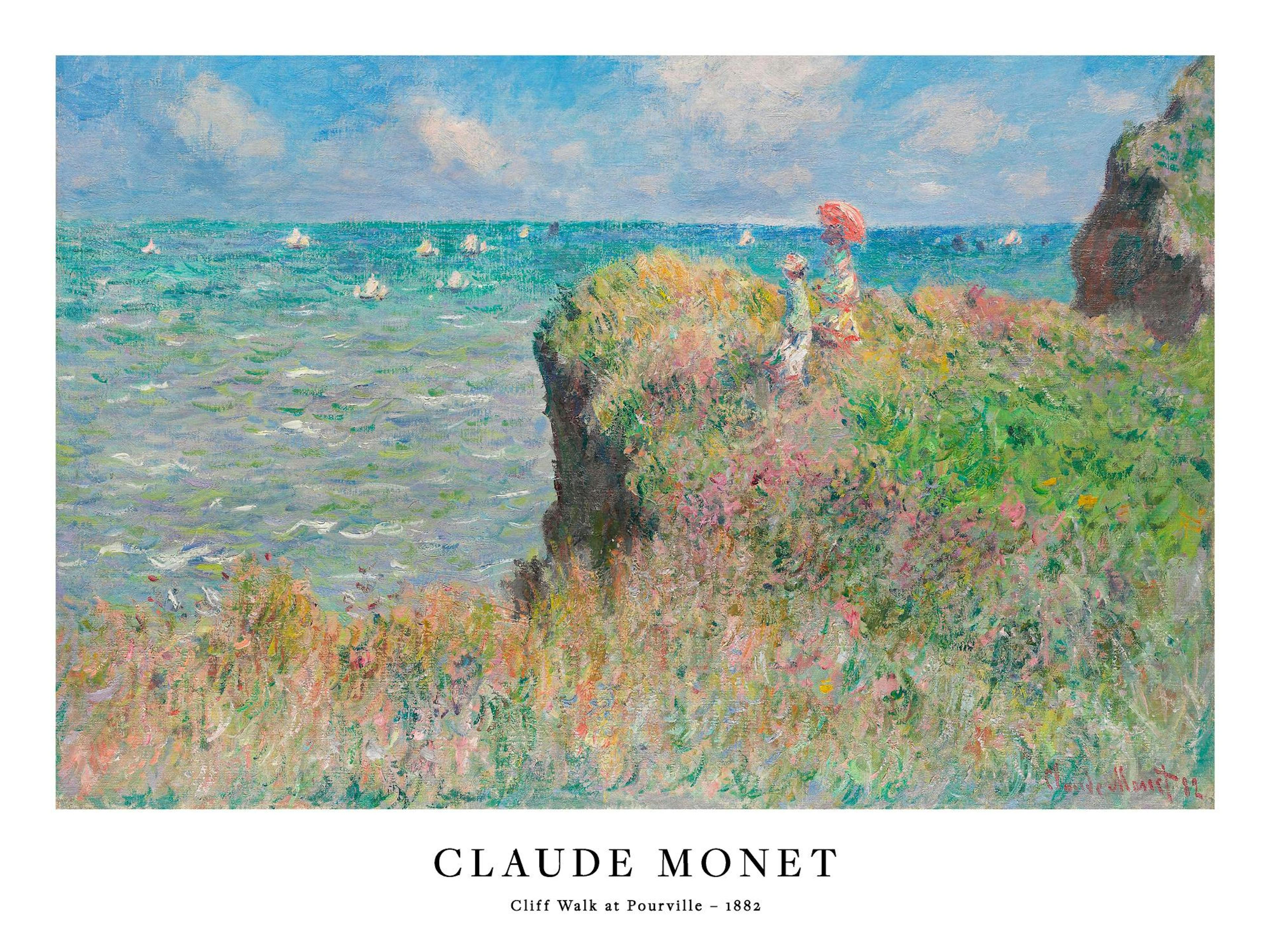 Monet Cliff Walk at Pourville print, a colorful poster of a cliff overlooking the ocean with flowers and grass.