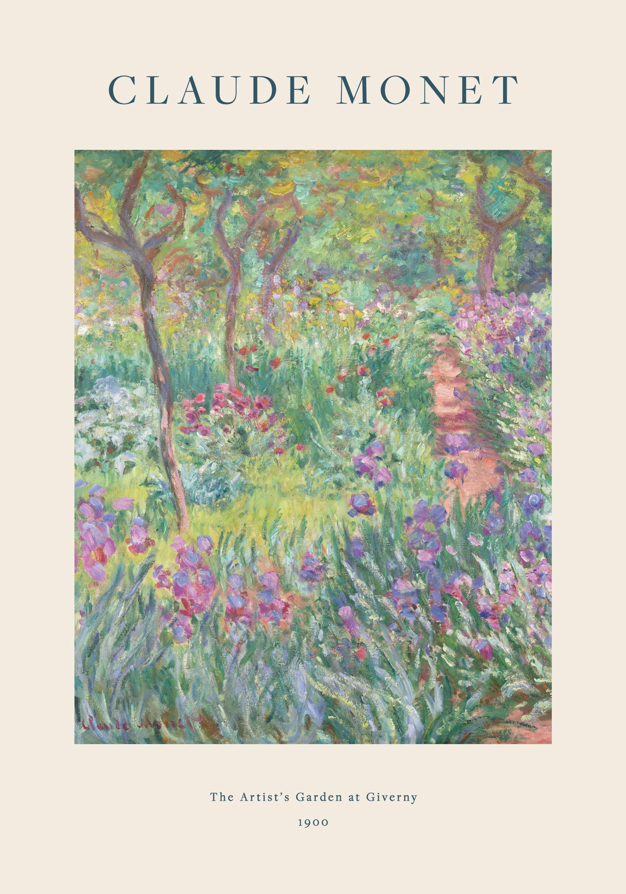 Monets målning av en färgstark trädgård med träd, blommor och en stig, på en beige bakgrund med text.