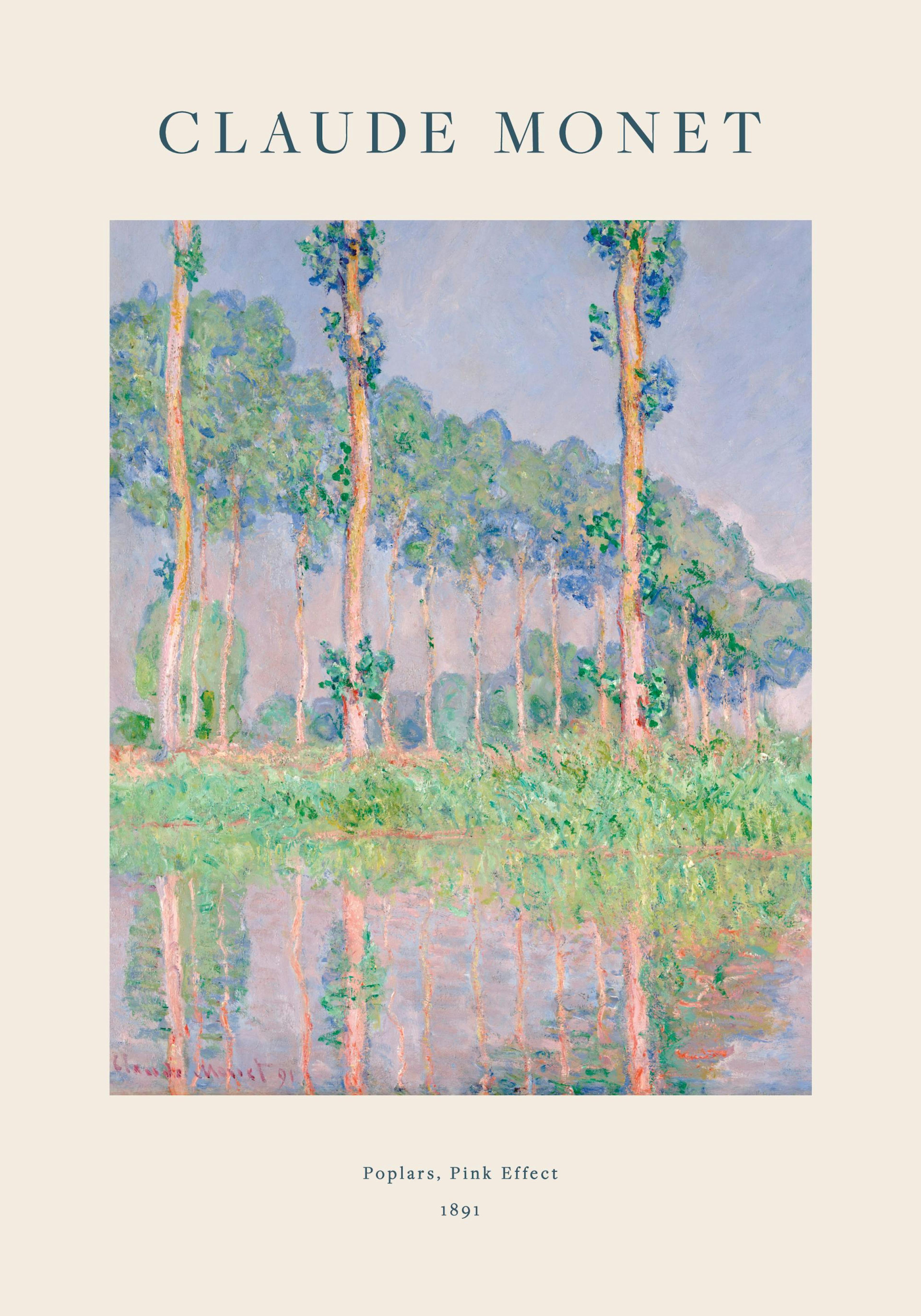 Póster de Monet, Álamos, Efecto Rosa, bosque reflejado en el agua con cielo rosa y azul, pintura impresionista.