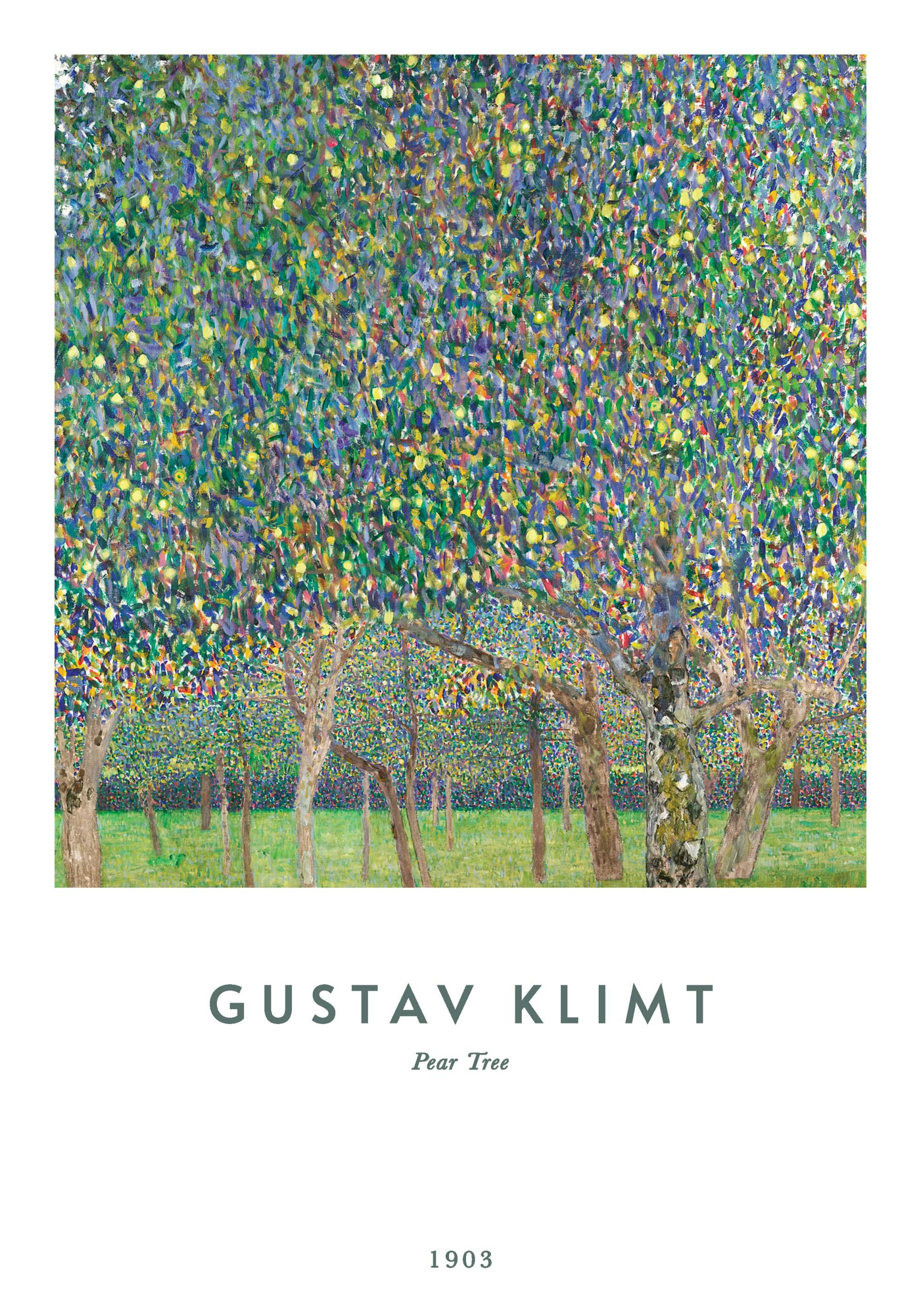 Gustav Klimt maleri av pæretrær i en fargerik eng. Levende, pointillistisk stil med grønt gress og detaljerte stammer.