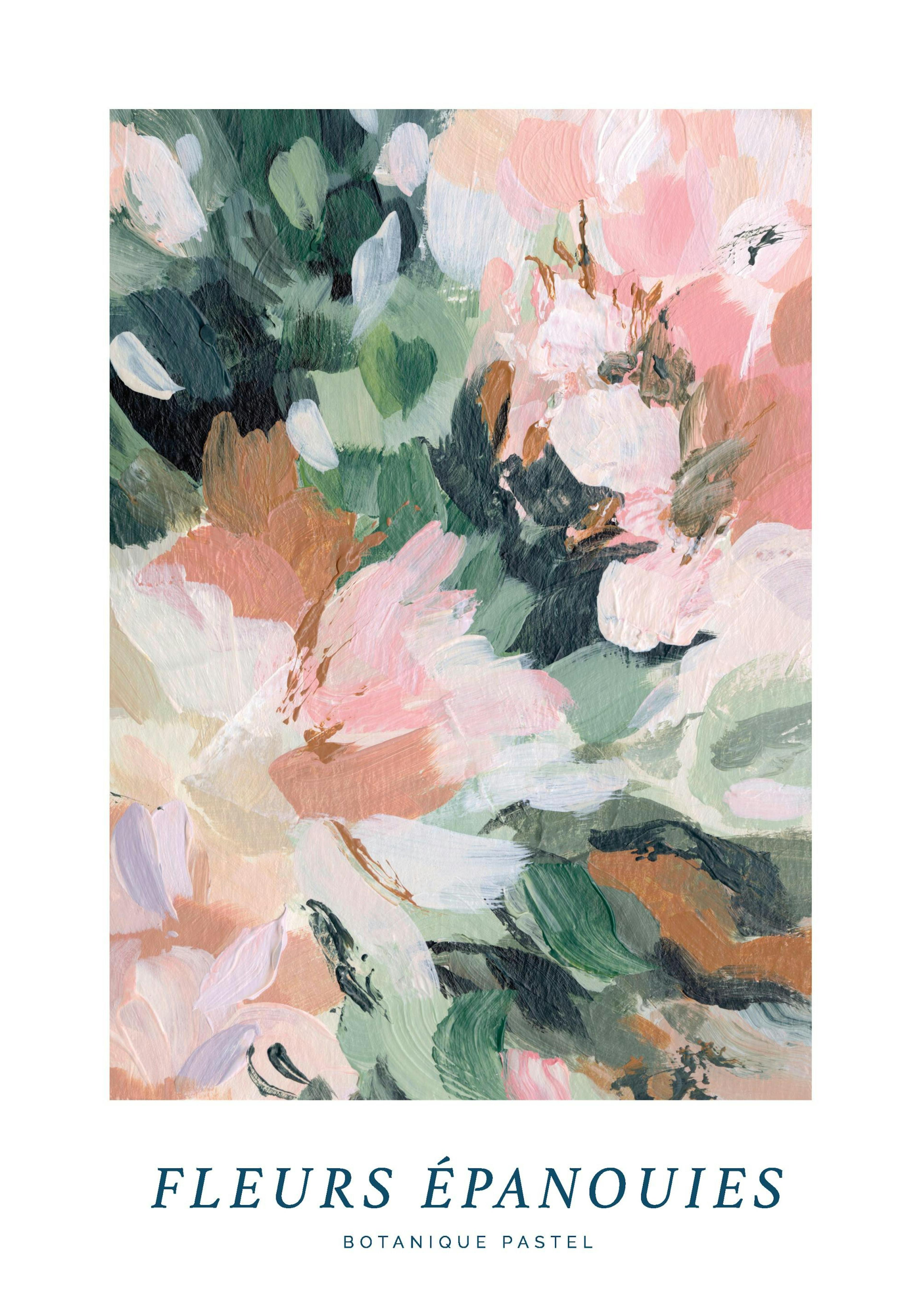 Abstraktes Blumen-Poster, bunte Pinselstriche in Rosa, Grün, Weiß, Beige, Schwarz auf weißem Hintergrund, Text unten