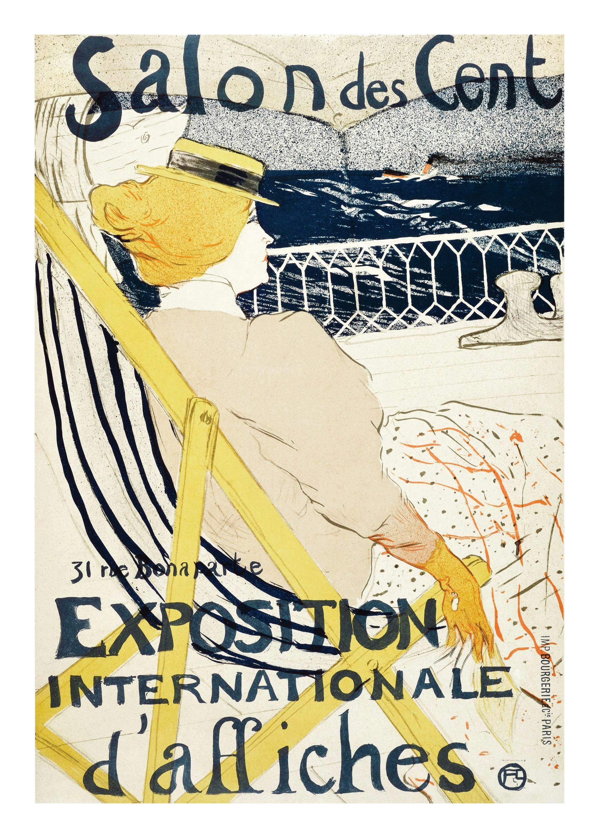 Poster Toulouse-Lautrec con donna seduta su una sedia a sdraio su una barca che guarda loceano, con testo