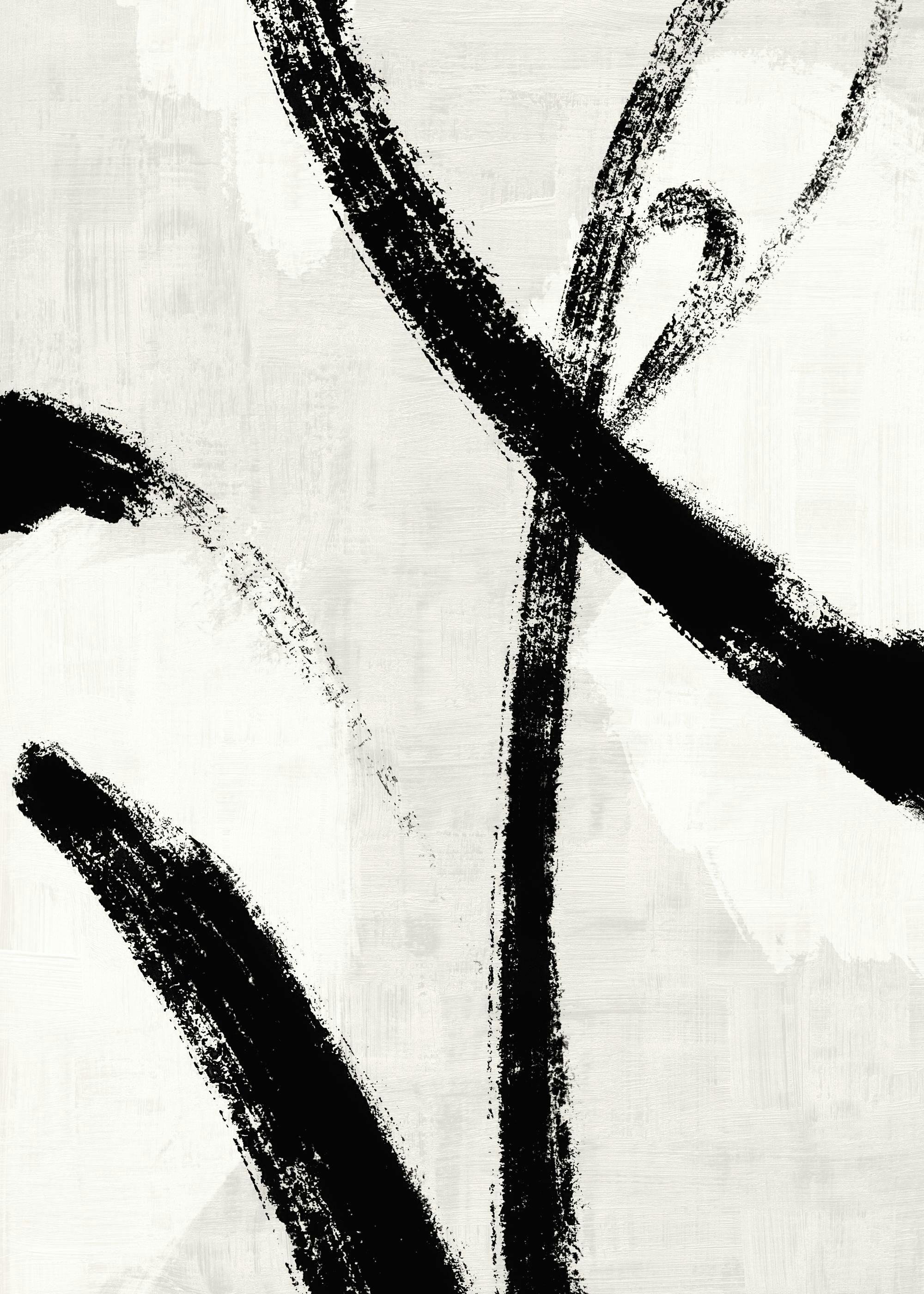 Affiche de peinture abstraite; traits de pinceau noirs épais sur fond gris pâle; style moderne