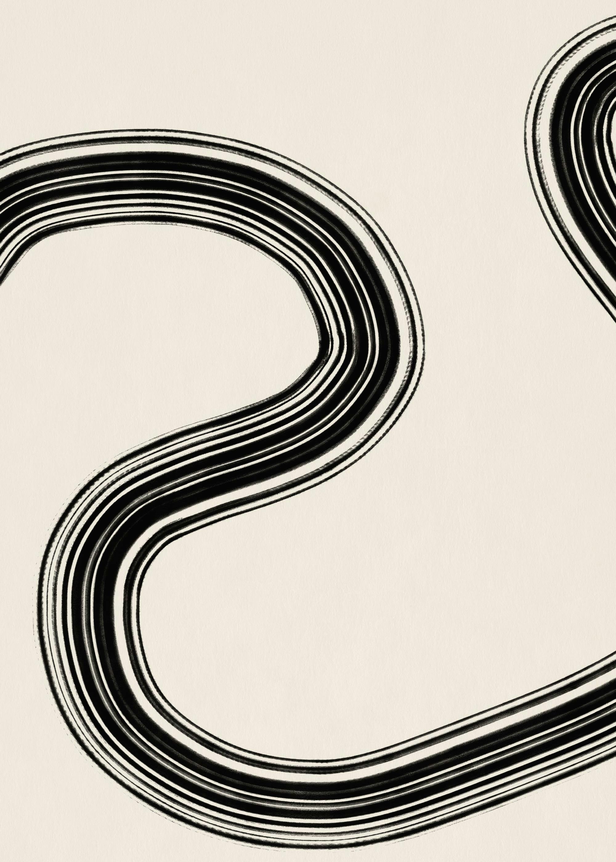 Black abstract line art print with flowing, layered curves on a beige background, modern aesthetic.