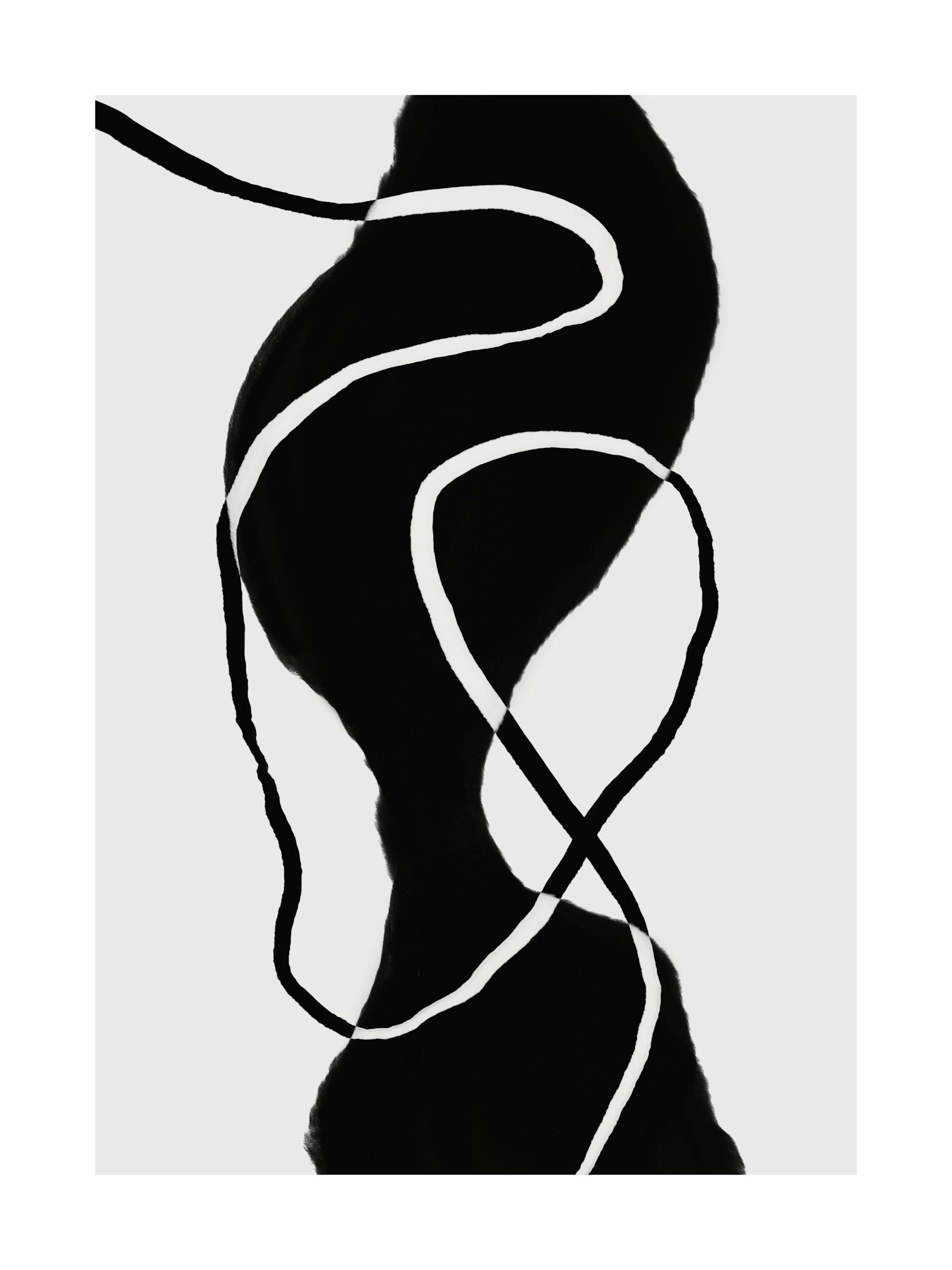 Póster de formas abstractas en blanco y negro con líneas fluidas, diseño moderno y minimalista para decoración.