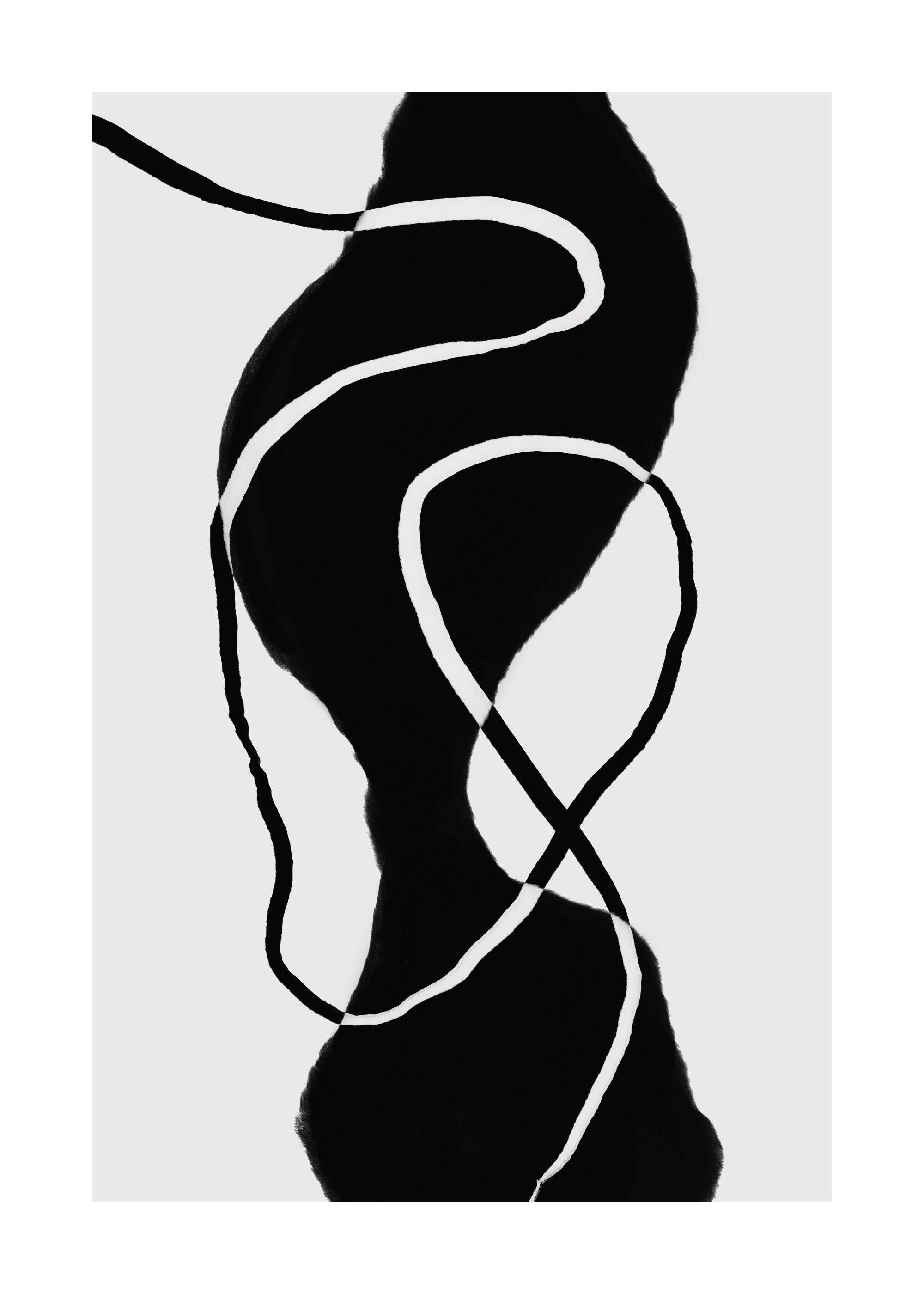 Affiche de formes abstraites noires et blanches avec des lignes fluides, style minimaliste.