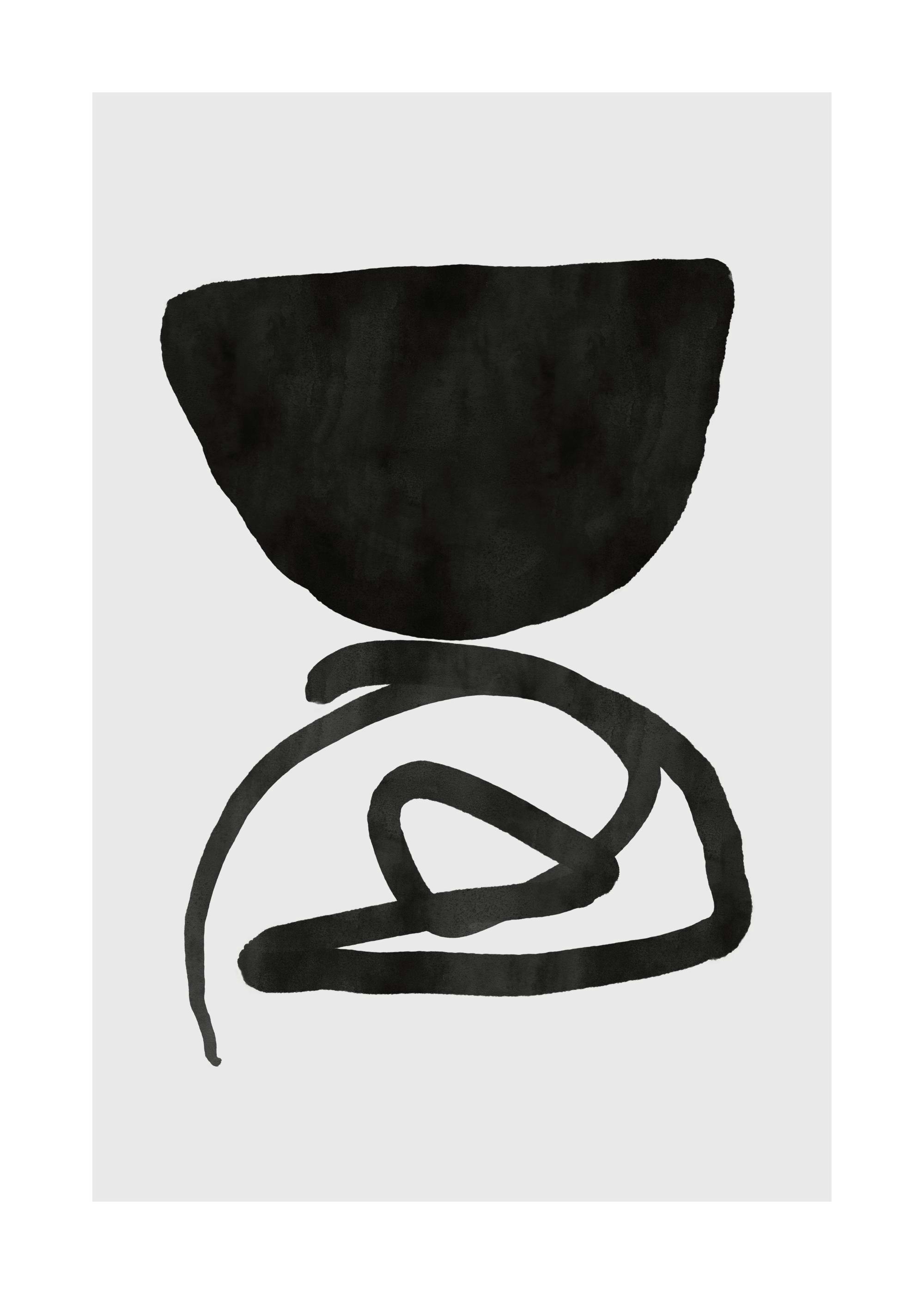 Póster gris con formas abstractas negras; una forma de cuenco irregular sobre un garabato fluido de tinta.
