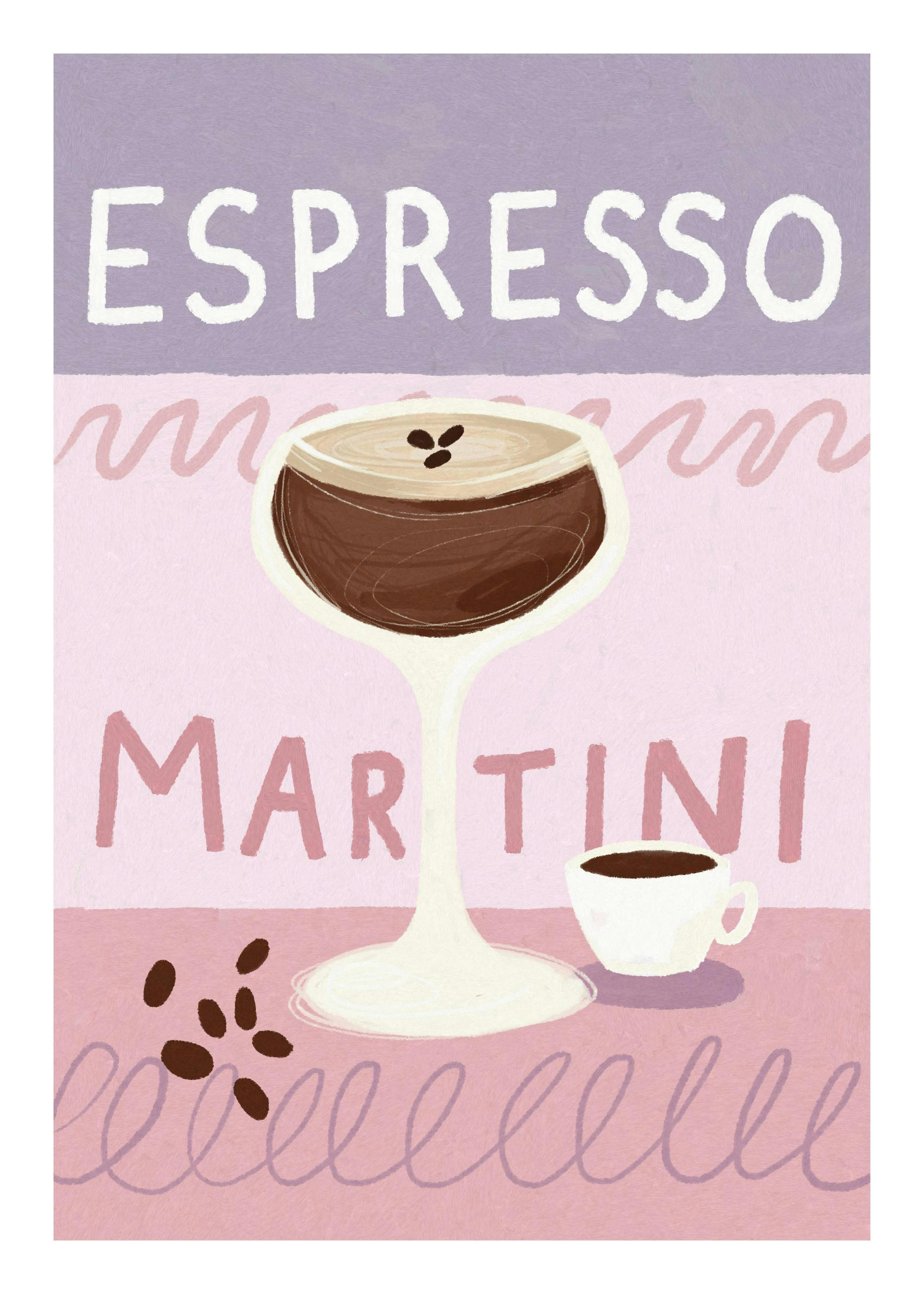 Illustrative espresso martini cocktail print with coffee beans, purple background, and modern text.