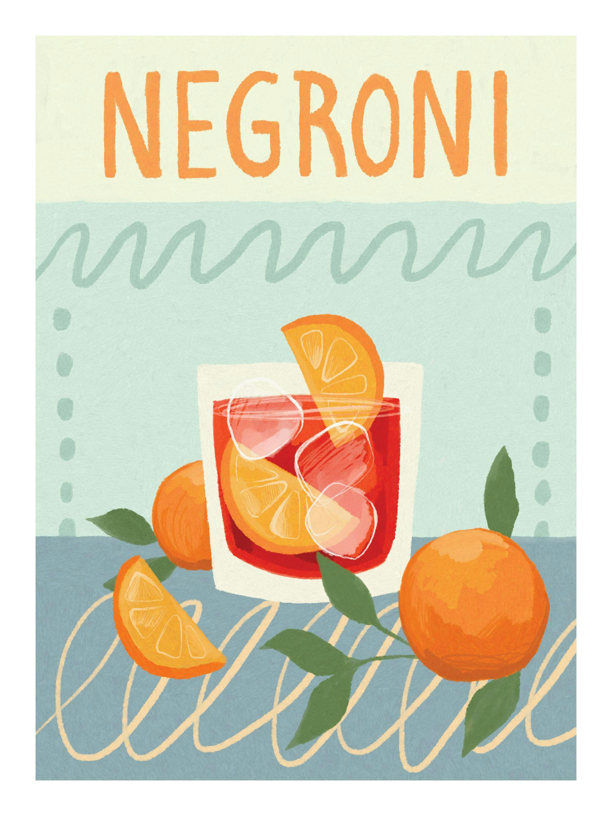 Negroni cocktail plakat med appelsinskiver og isterninger i et glas, på en farverig baggrund, perfekt til køkkenindretning.
