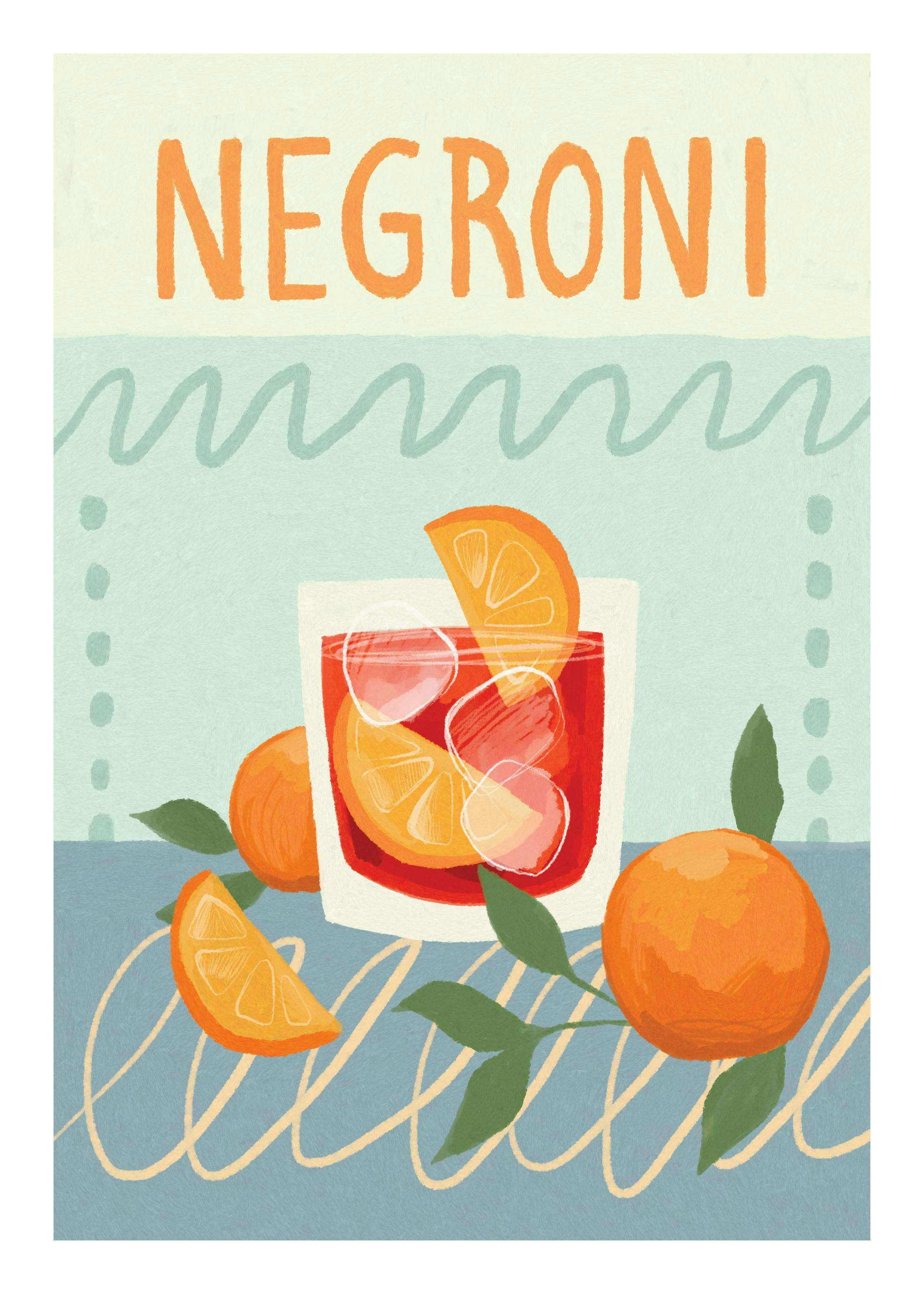 Affisch med illustration av en Negroni cocktail med apelsinskivor och is, mot en färgglad bakgrund. Perfekt köksinredning.
