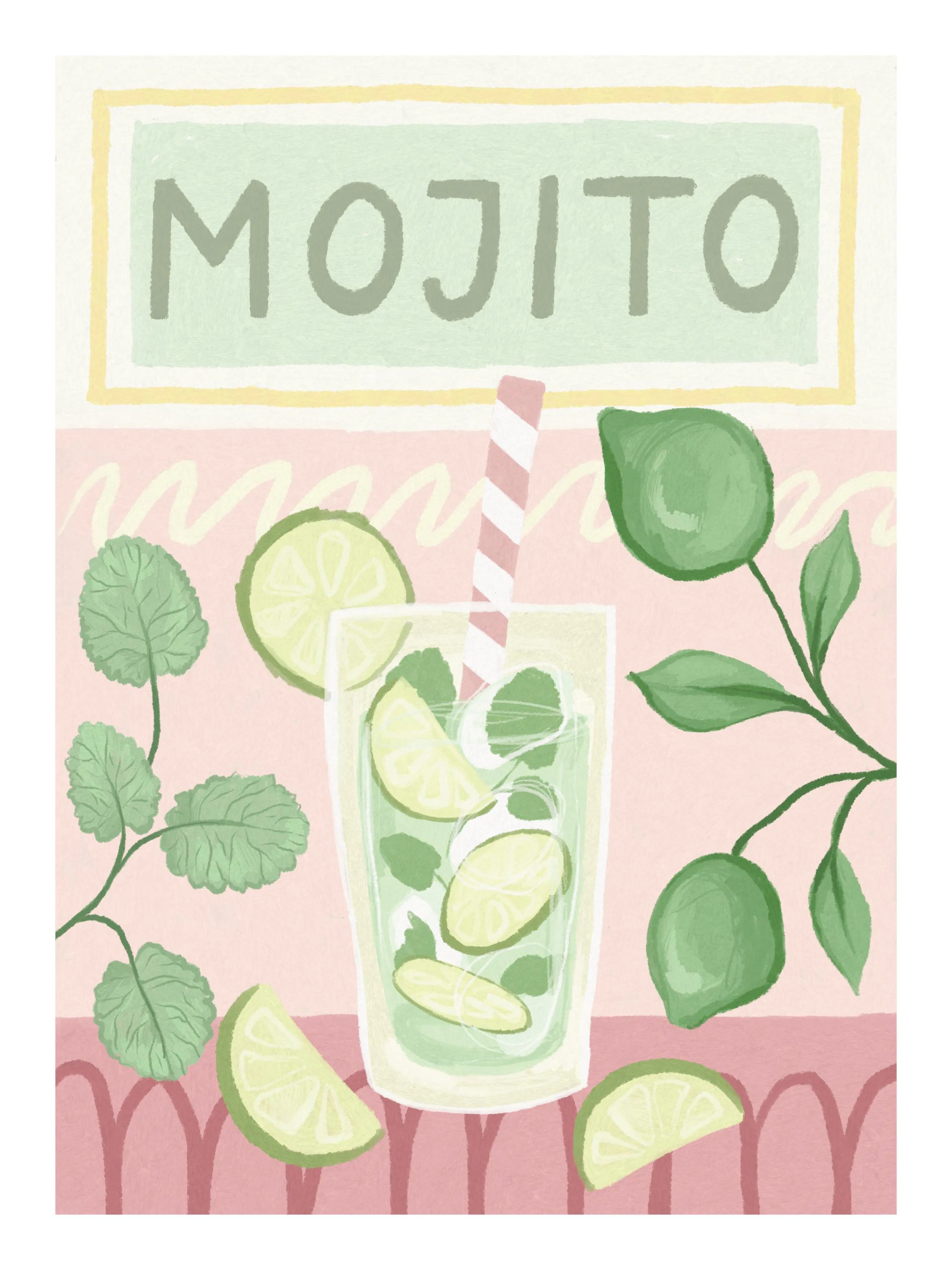 Póster de cóctel Mojito con menta y lima, fondo rosa estampado. Arte de bebida refrescante.
