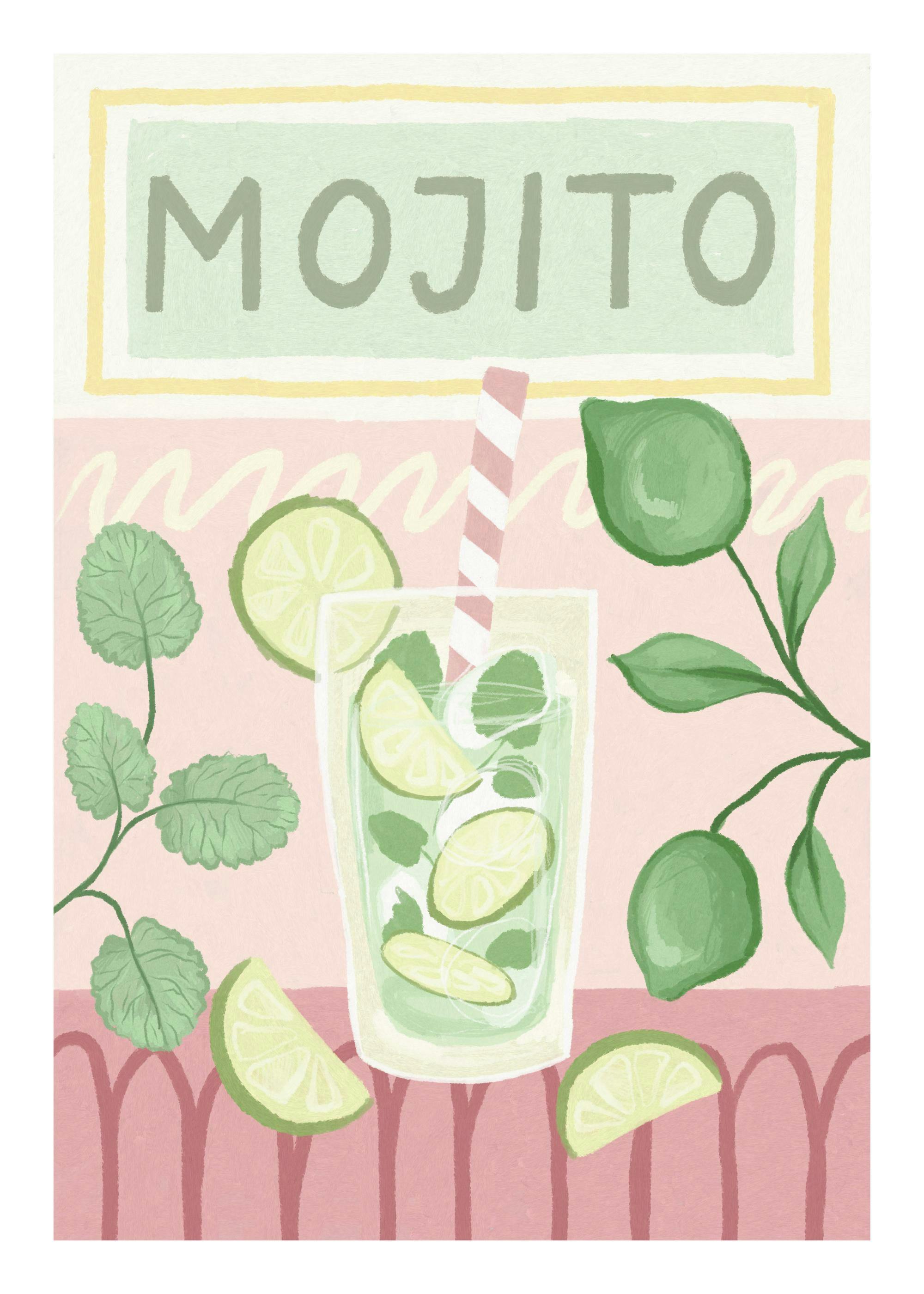 Mojito cocktail art print with lime, mint, and striped straw on a pink background, Mojito text at top.