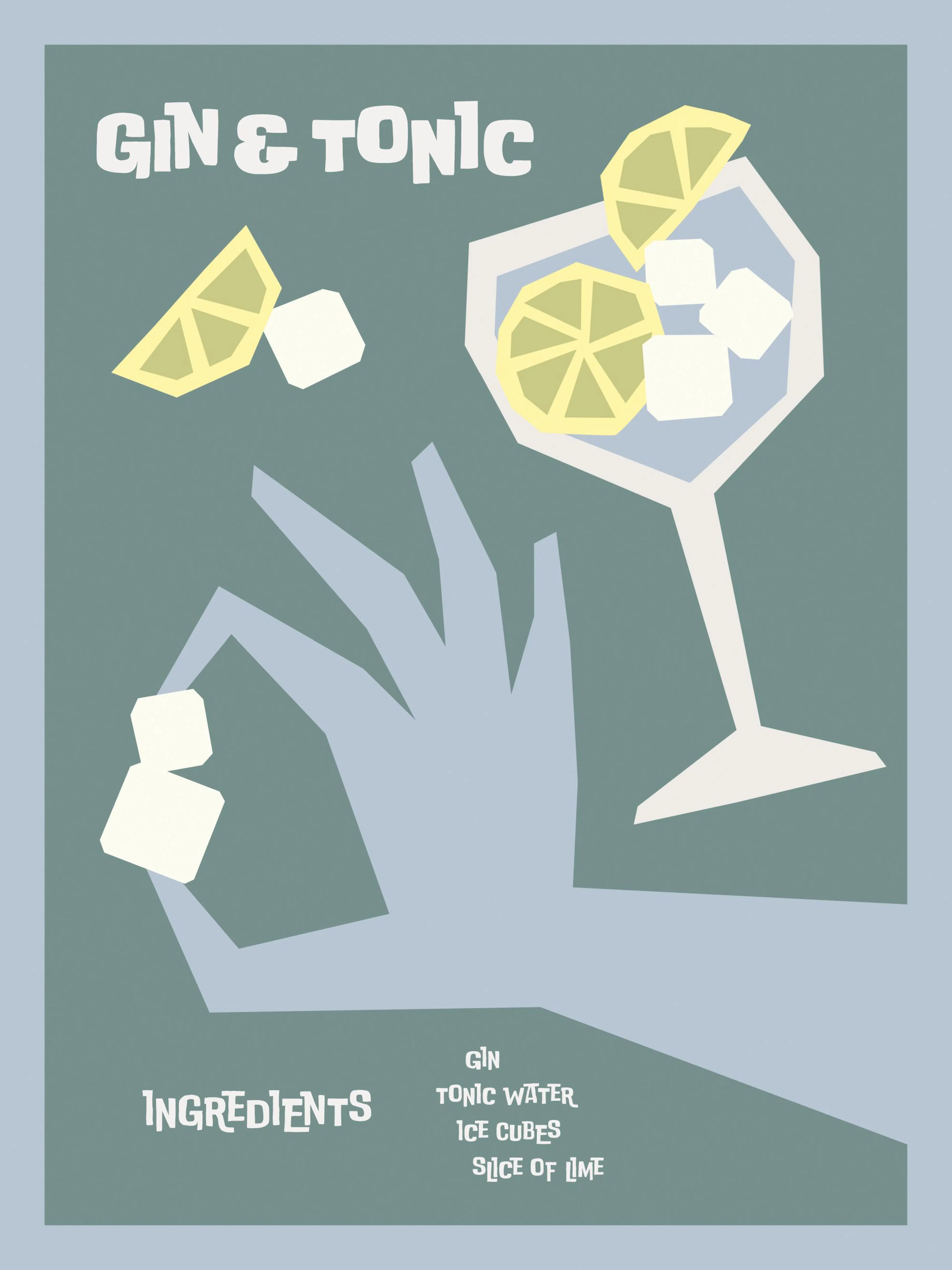Gin & Tonic cocktail print with hand adding ice, recipe on blue background, a decorative poster.