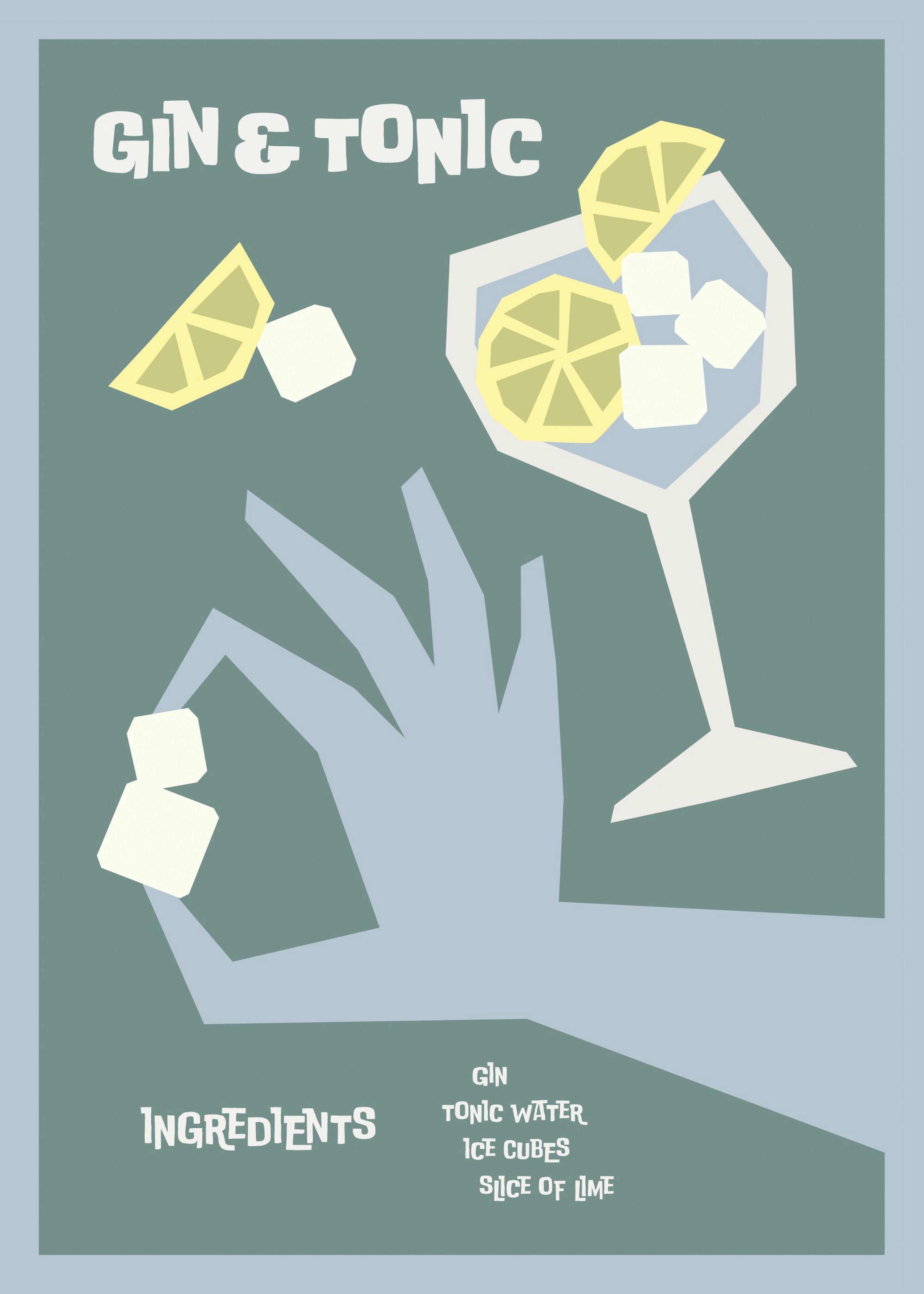 Gin & Tonic cocktail print with hand adding ice, recipe on blue background, a decorative poster.