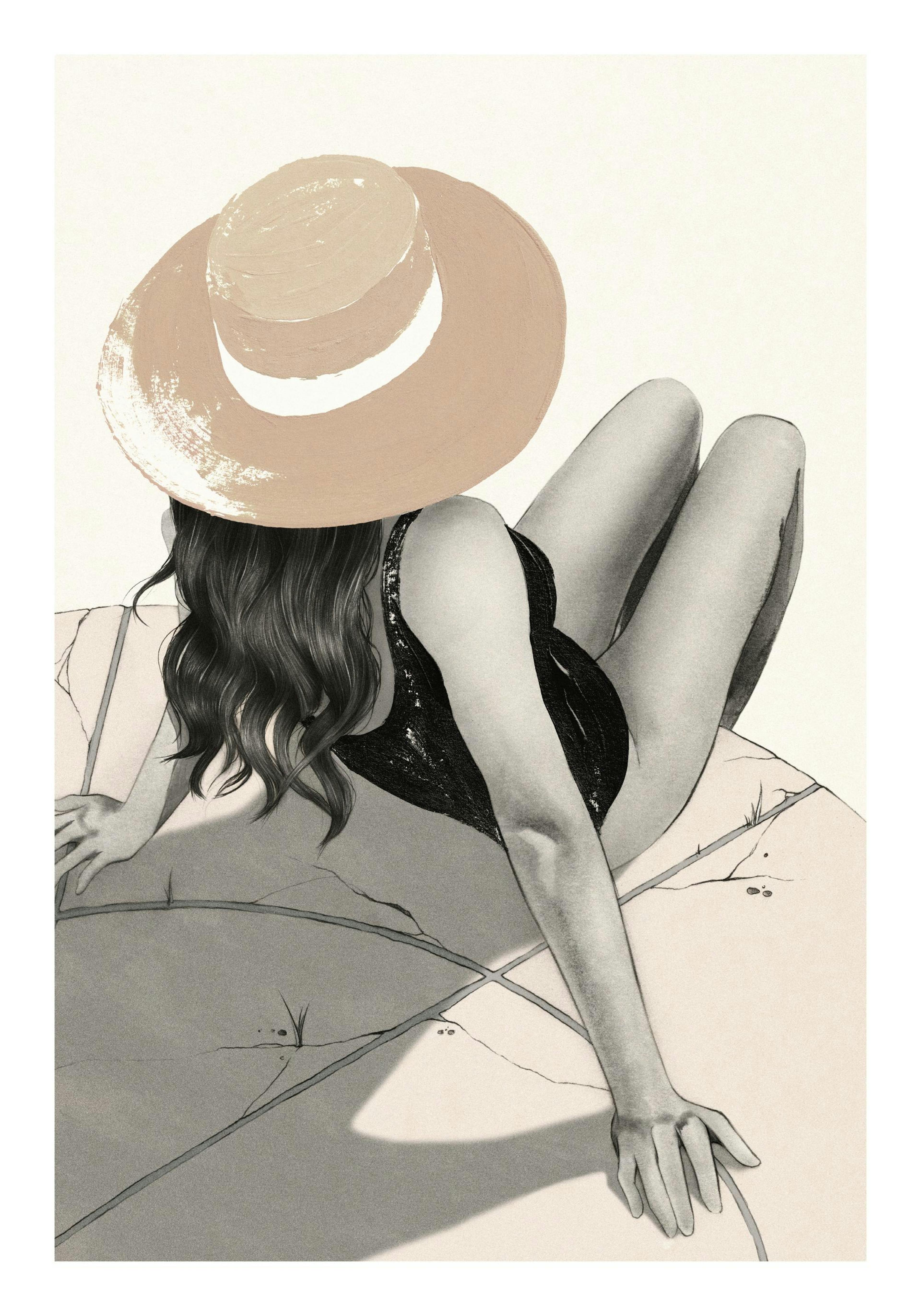Póster Chillin in the Sun No1: ilustración de mujer con sombrero de sol y bañador negro, relajada, tomando el sol en tonos neutr