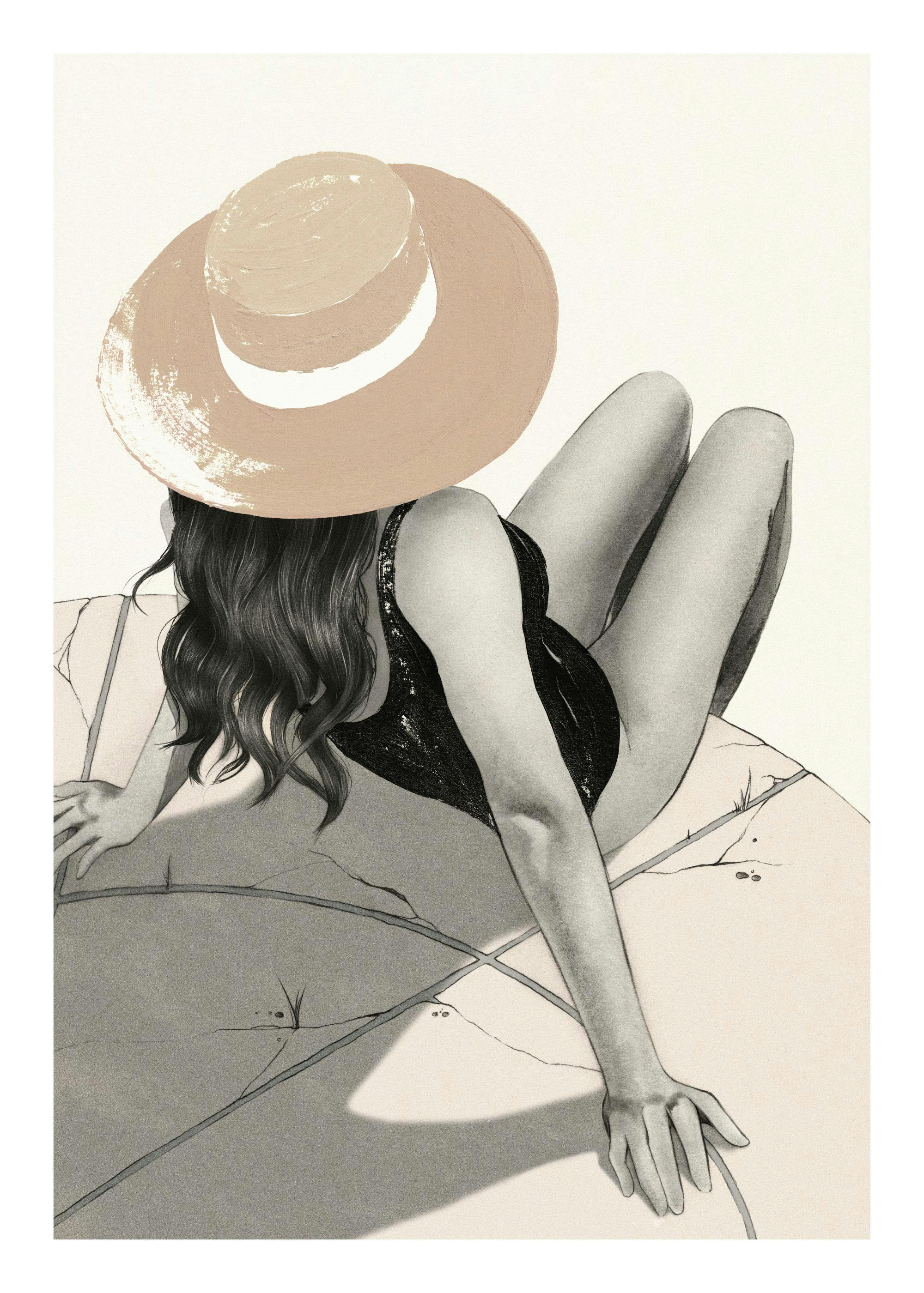 Illustration of a woman in a sun hat and swimsuit sunbathing on cracked ground, a stylish summer art print.