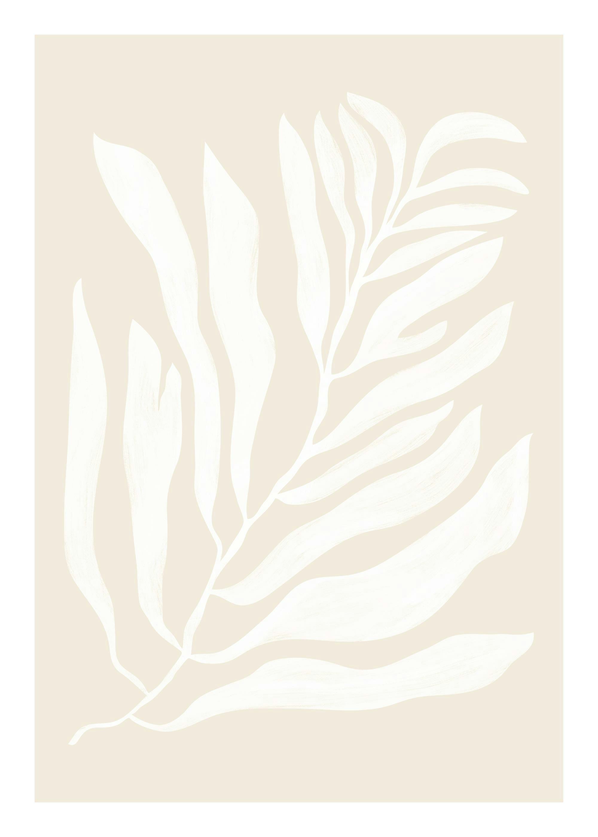 Witte botanische plantillustratie op beige achtergrond. Minimalistisch blad kunst poster.