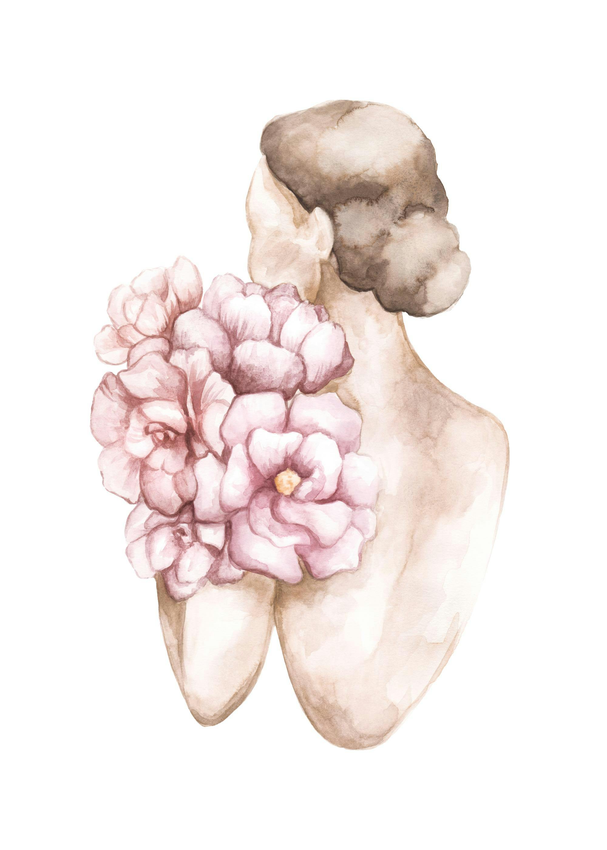 Aquarell einer Frau, die rosa Blumen auf einem weißen Hintergrund hält, minimalistischer Poster-Stil.