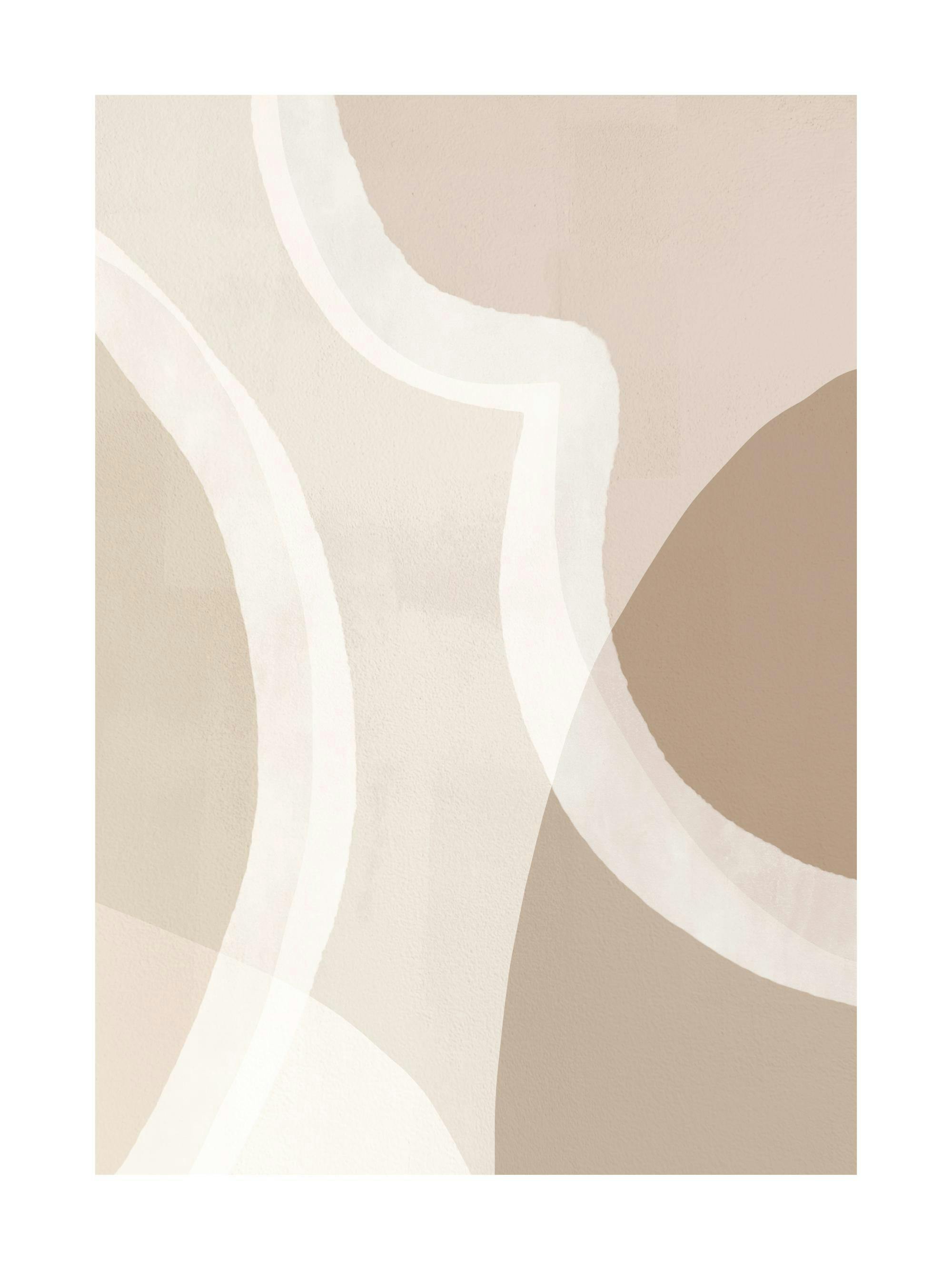 Abstrakt konst med vita streck och oregelbundna former på en beige och brun bakgrund. Modern poster med neutrala färger.