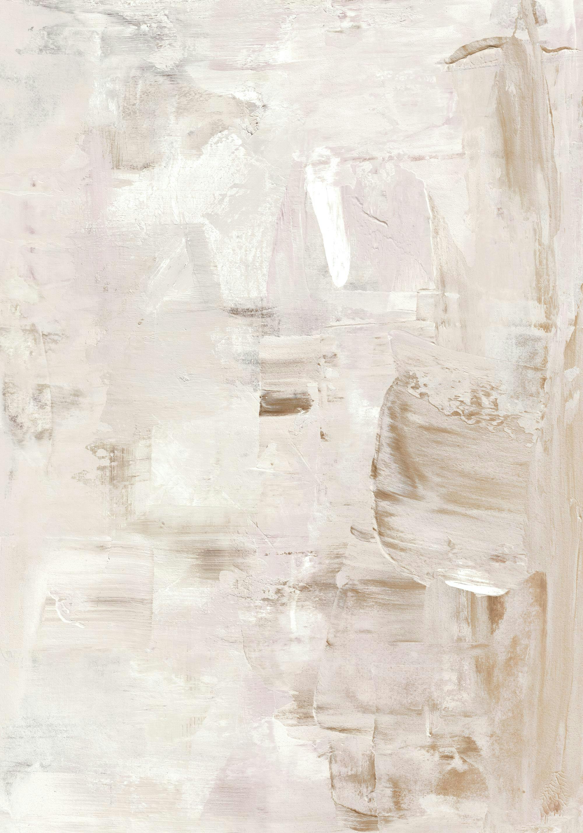 Abstrakt akrylmålning i beige, vitt och mjukt rosa med penseldrag och textur.