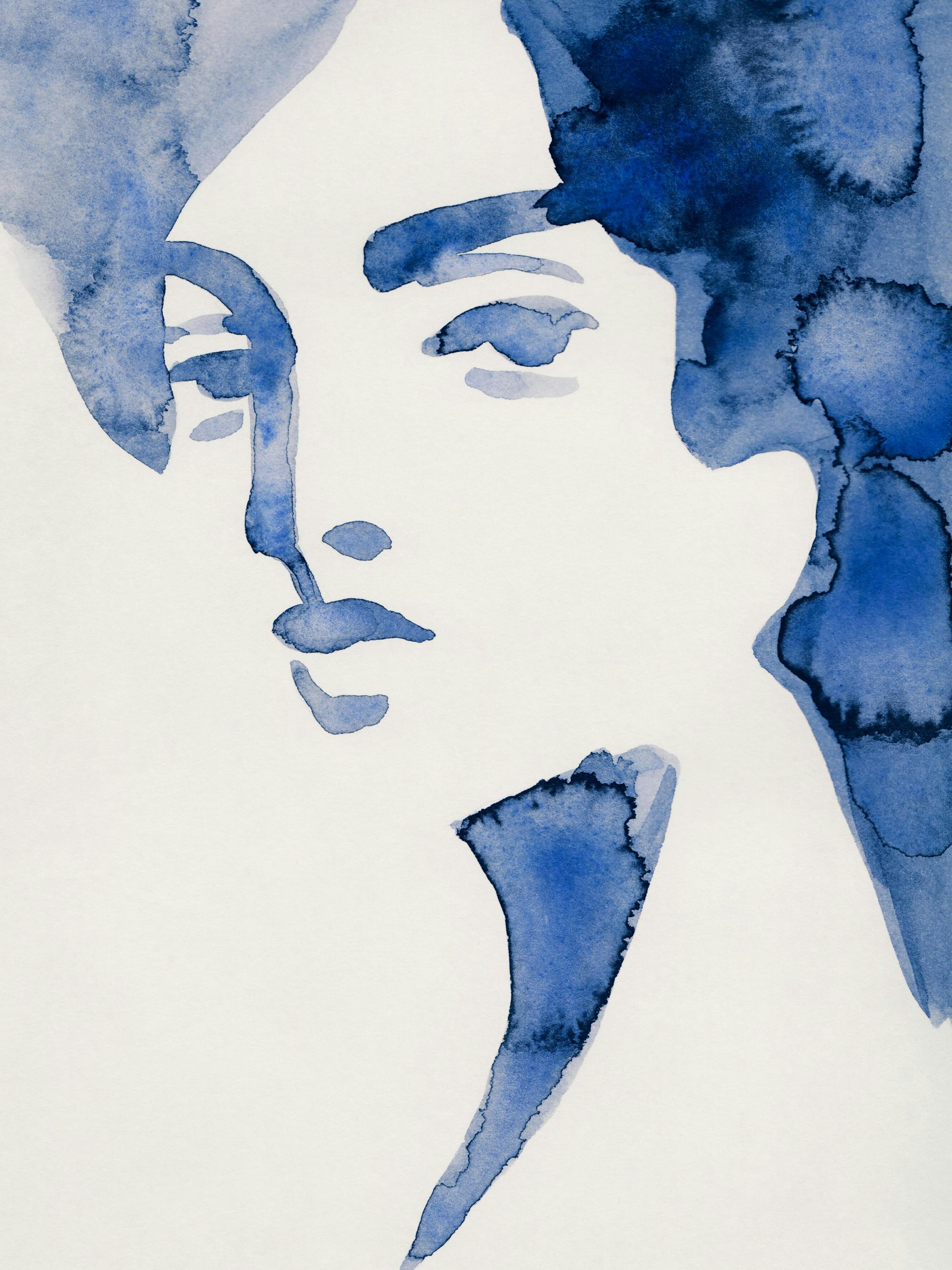 Watercolour print of a womans face in shades of blue on a light beige background, modern wall art poster