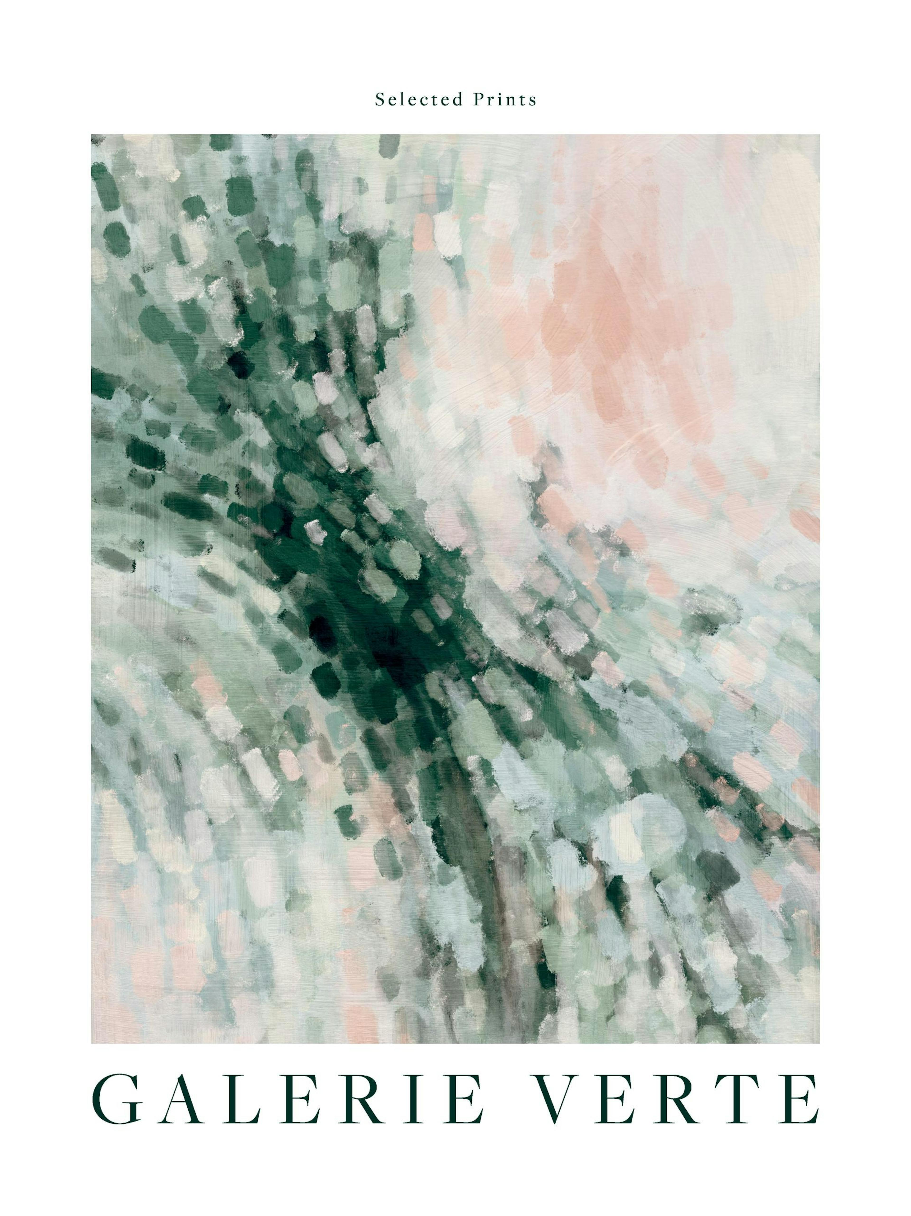 Galerie Verte No2 poster with abstract green, white, and pink rounded shapes, black text on white background.