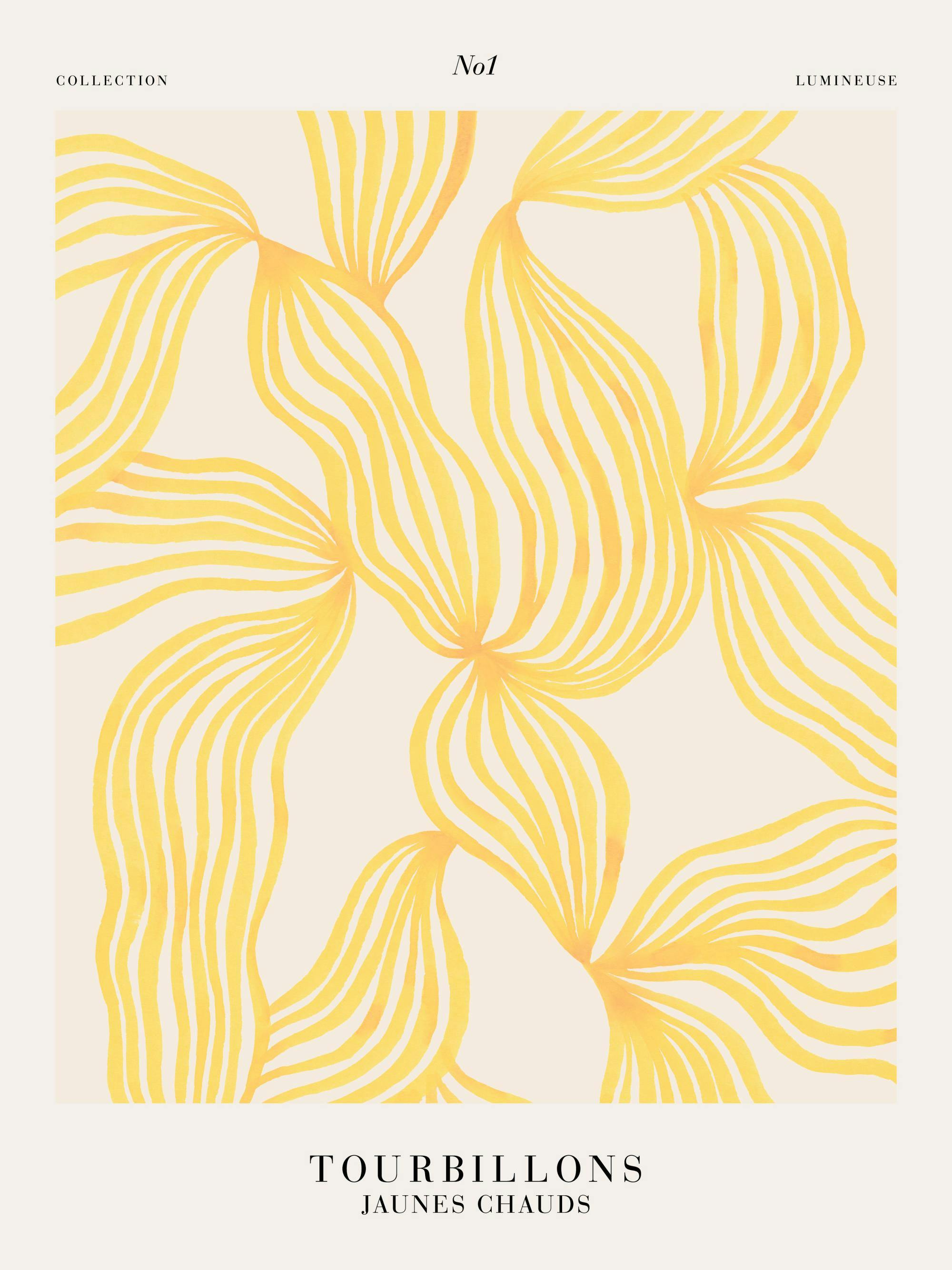 Grafisk poster med gula, böljande former på en beige kvadrat och svart text, allt på vit bakgrund.