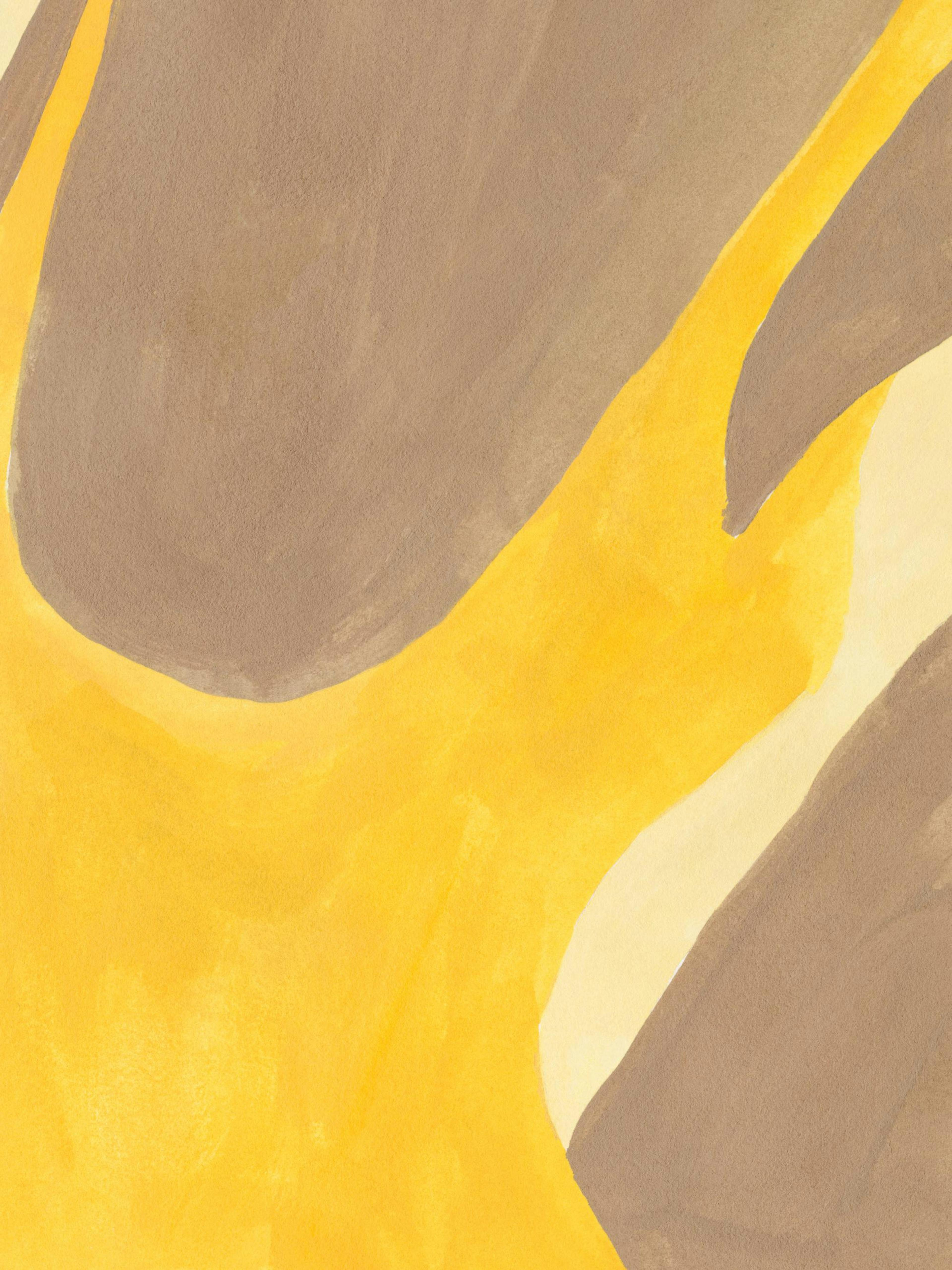 Póster de mujer en traje de baño amarillo, vista de espalda, con ondas de playa pintadas a mano en tonos vivos.