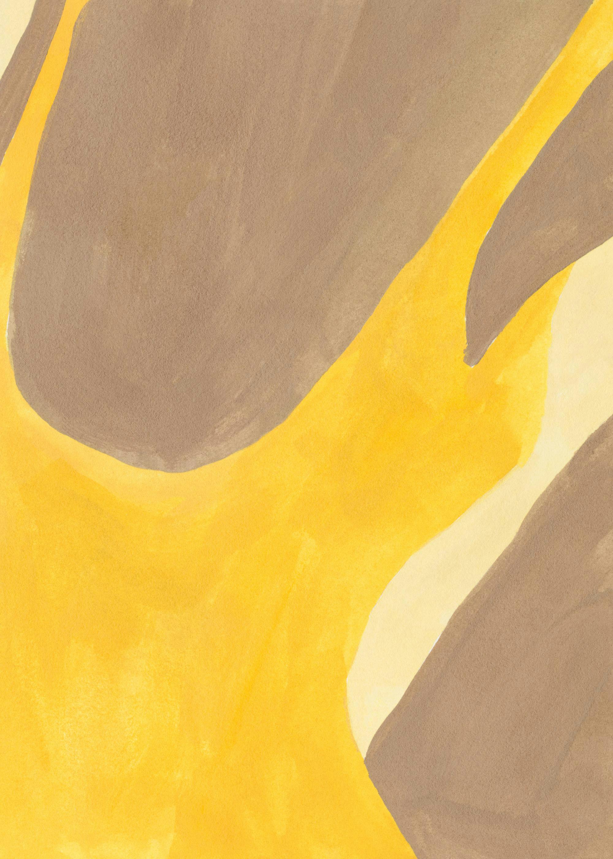 Handpainted illustration of a woman in a yellow bathing suit from behind, with a beachy vibe and bright colors.