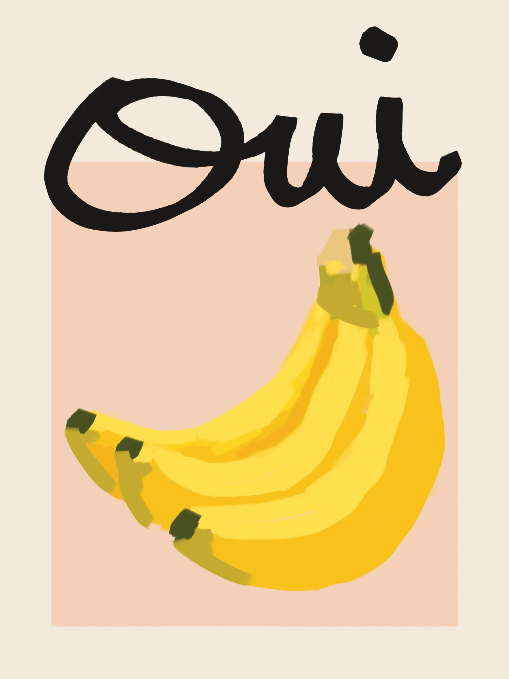 Poster con illustrazione di banane gialle su sfondo rosa chiaro, scritta nera Oui