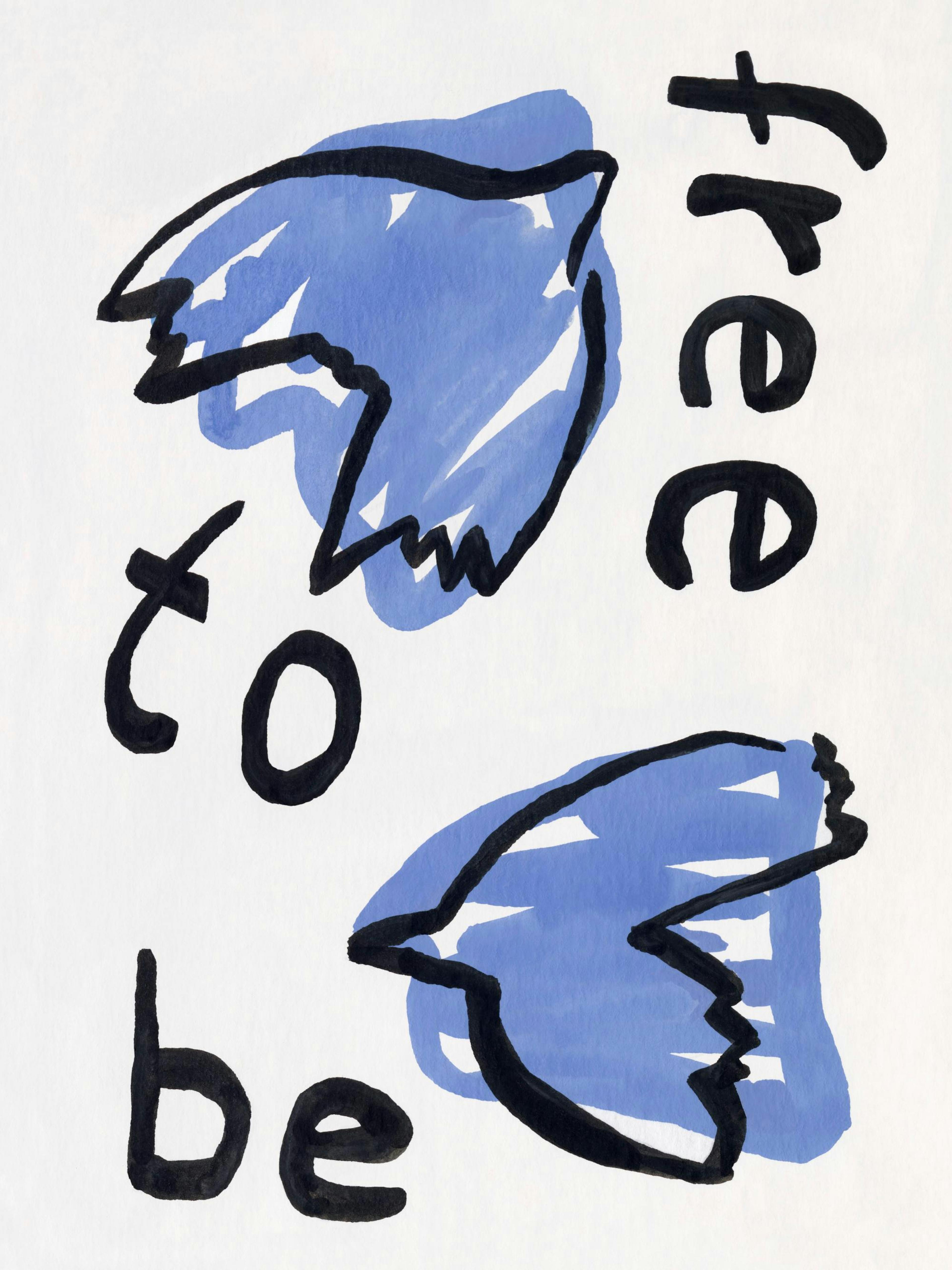 Print with two blue birds and free to be text, vintage style poster print