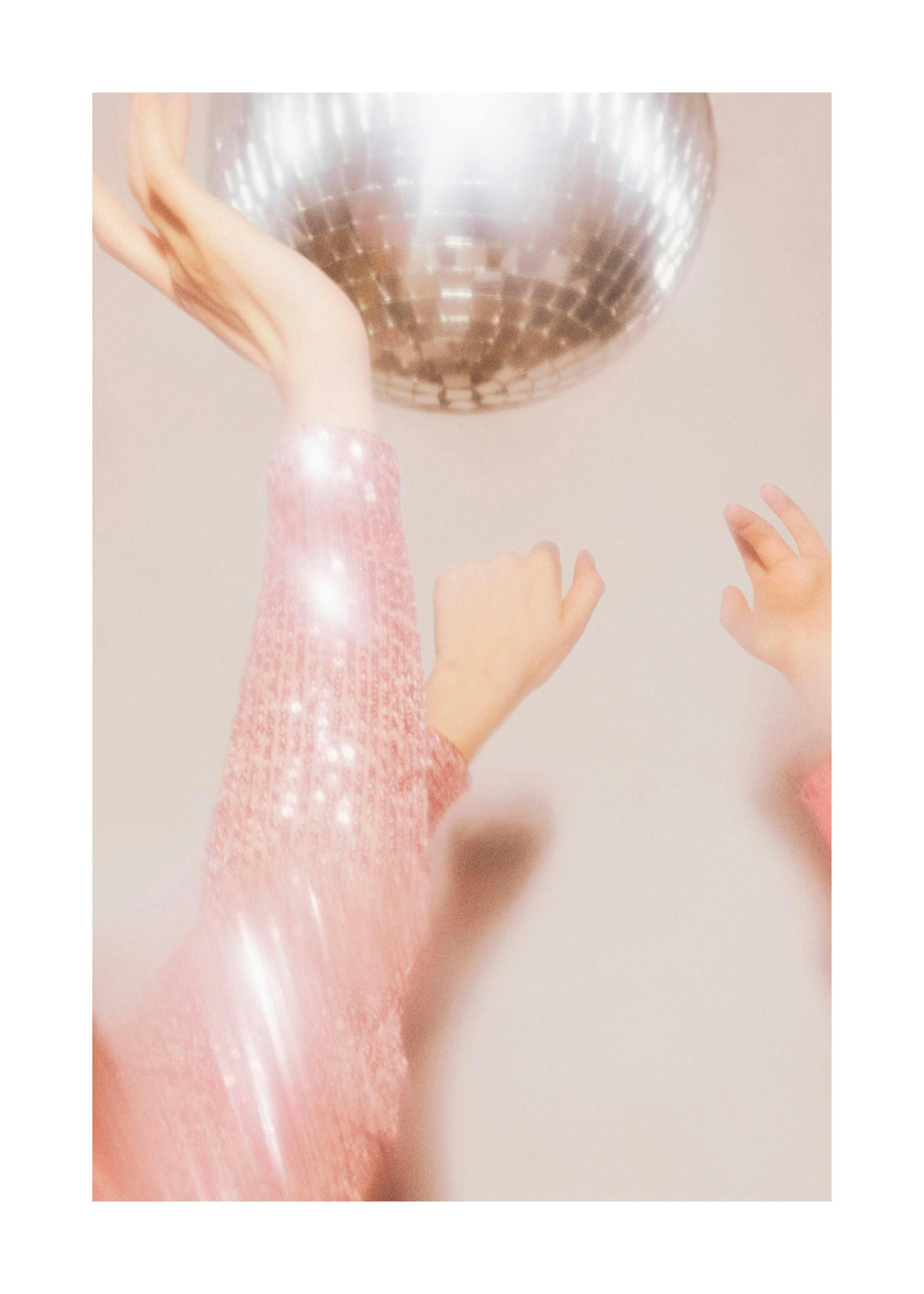 Pink party disco poster with person in sparkling dress and disco ball