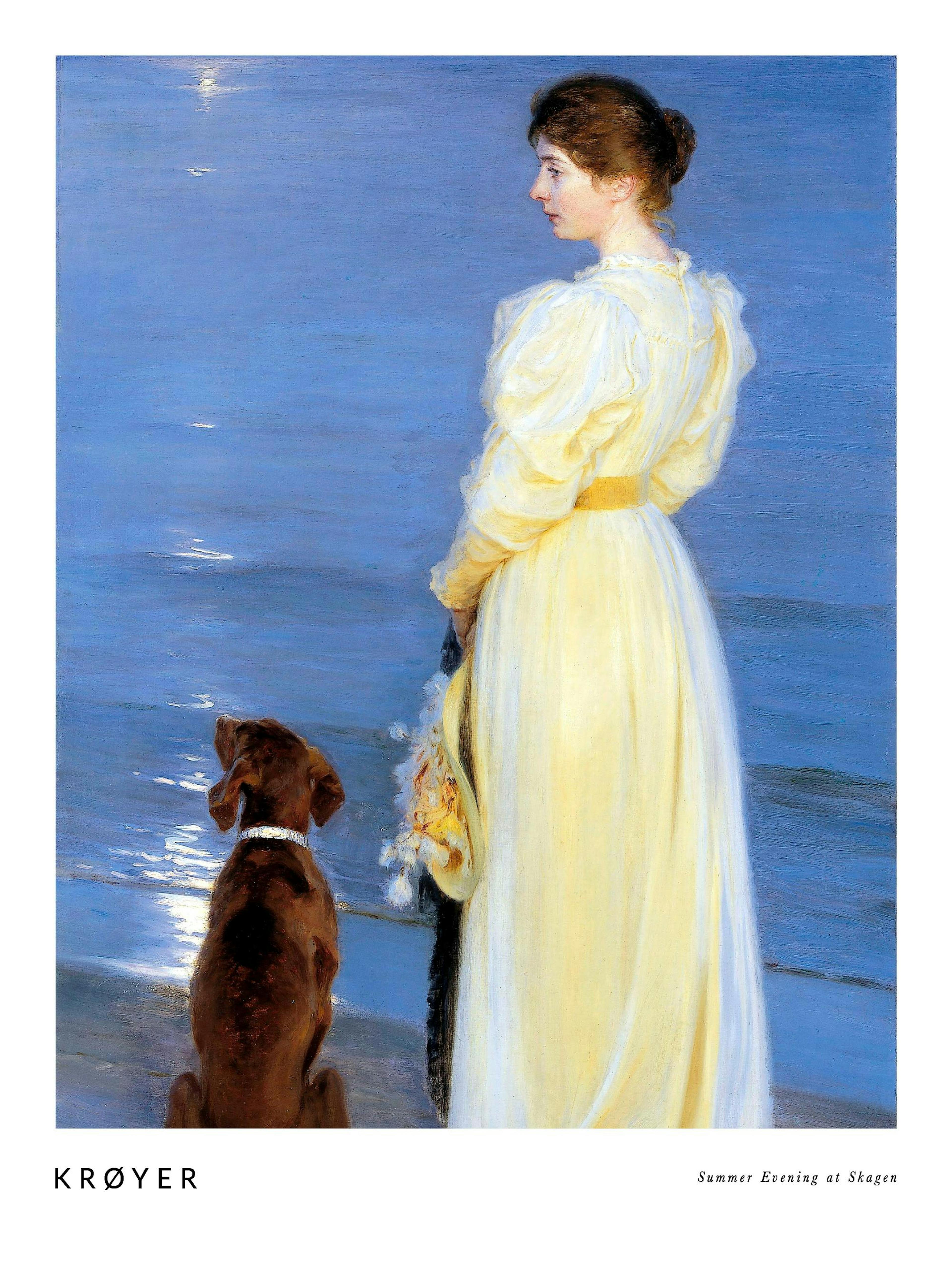 Krøyers Summer Evening at Skagen painting with a woman in a white dress and a dog by the water at sunset.
