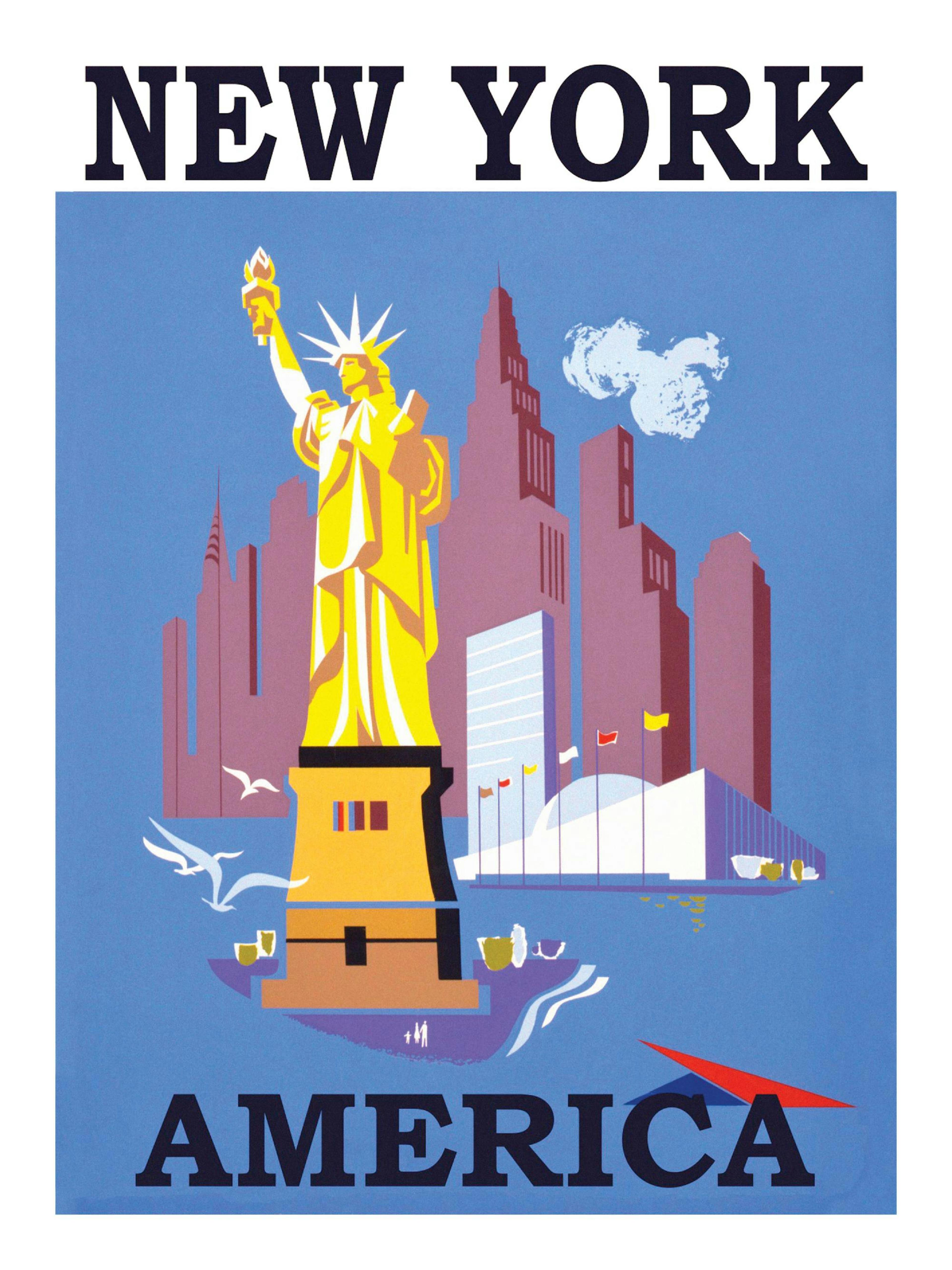 New York City poster print of Statue of Liberty and buildings on a blue background with New York America text.