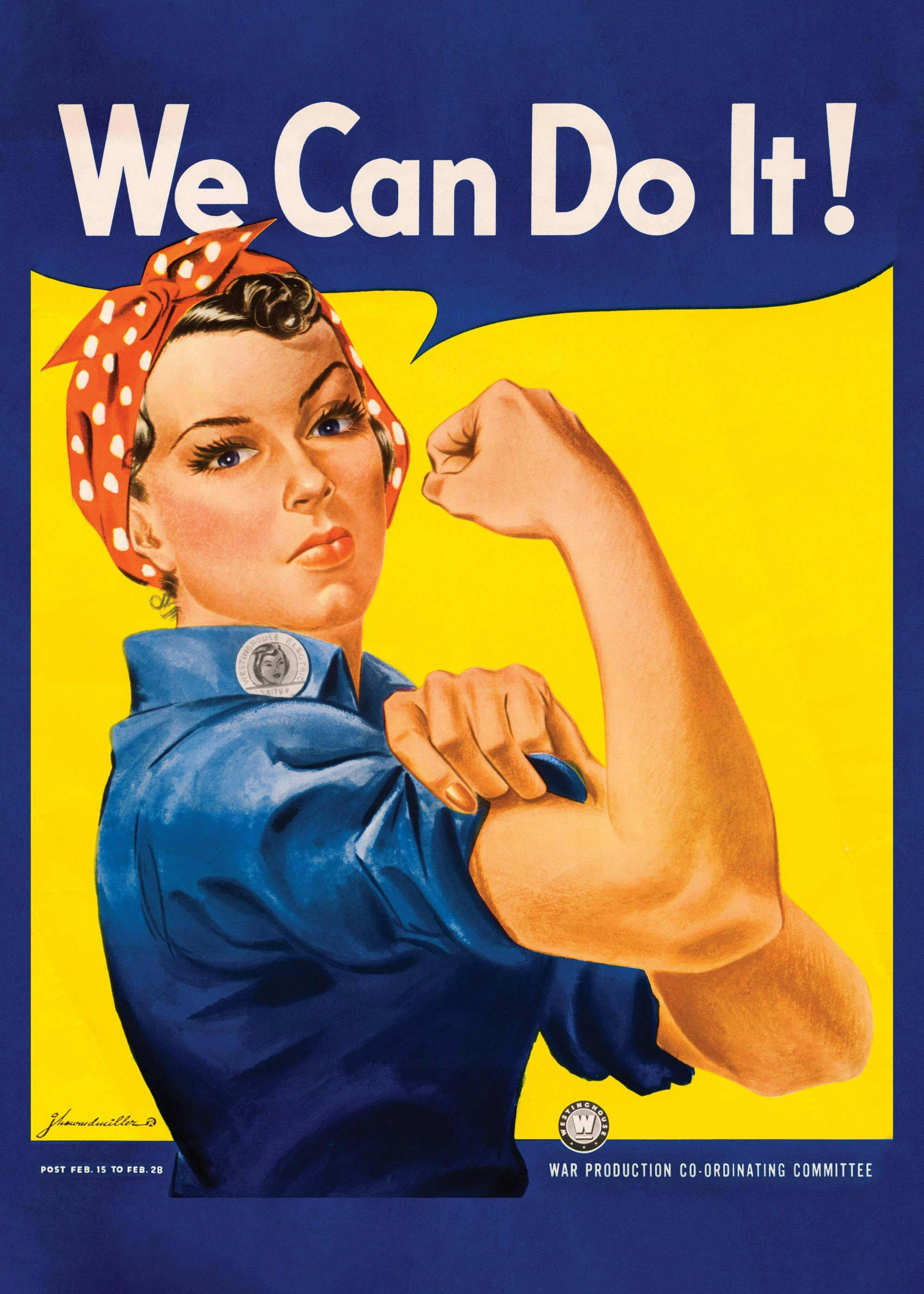 Plagát We Can Do It! s ikonickou ženou Rosie the Riveter, ktorá ukazuje svaly na modrožltom pozadí.