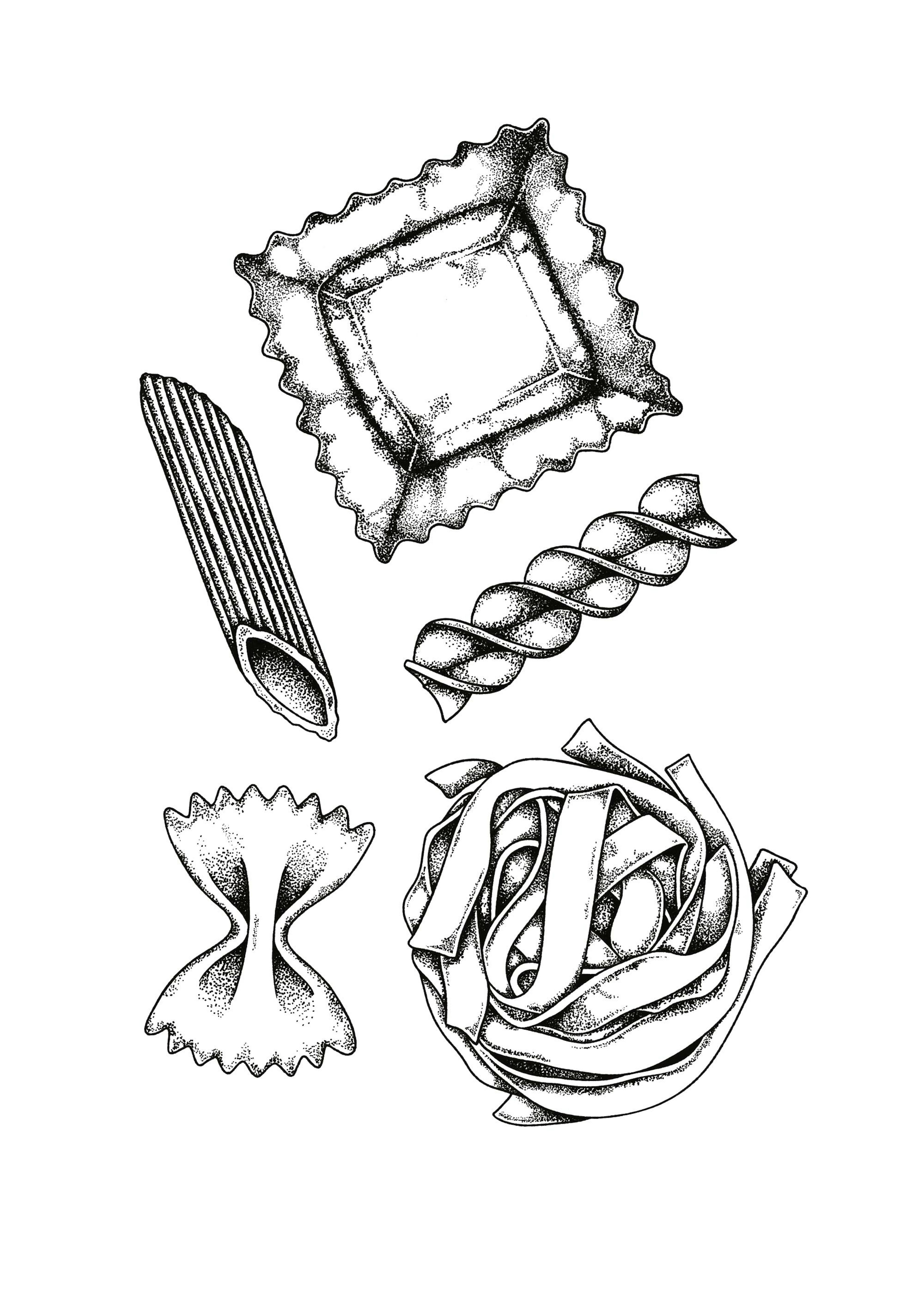 Black and white poster featuring penne, ravioli, fusilli, farfalle, and fettuccine pasta illustrations on a white background.