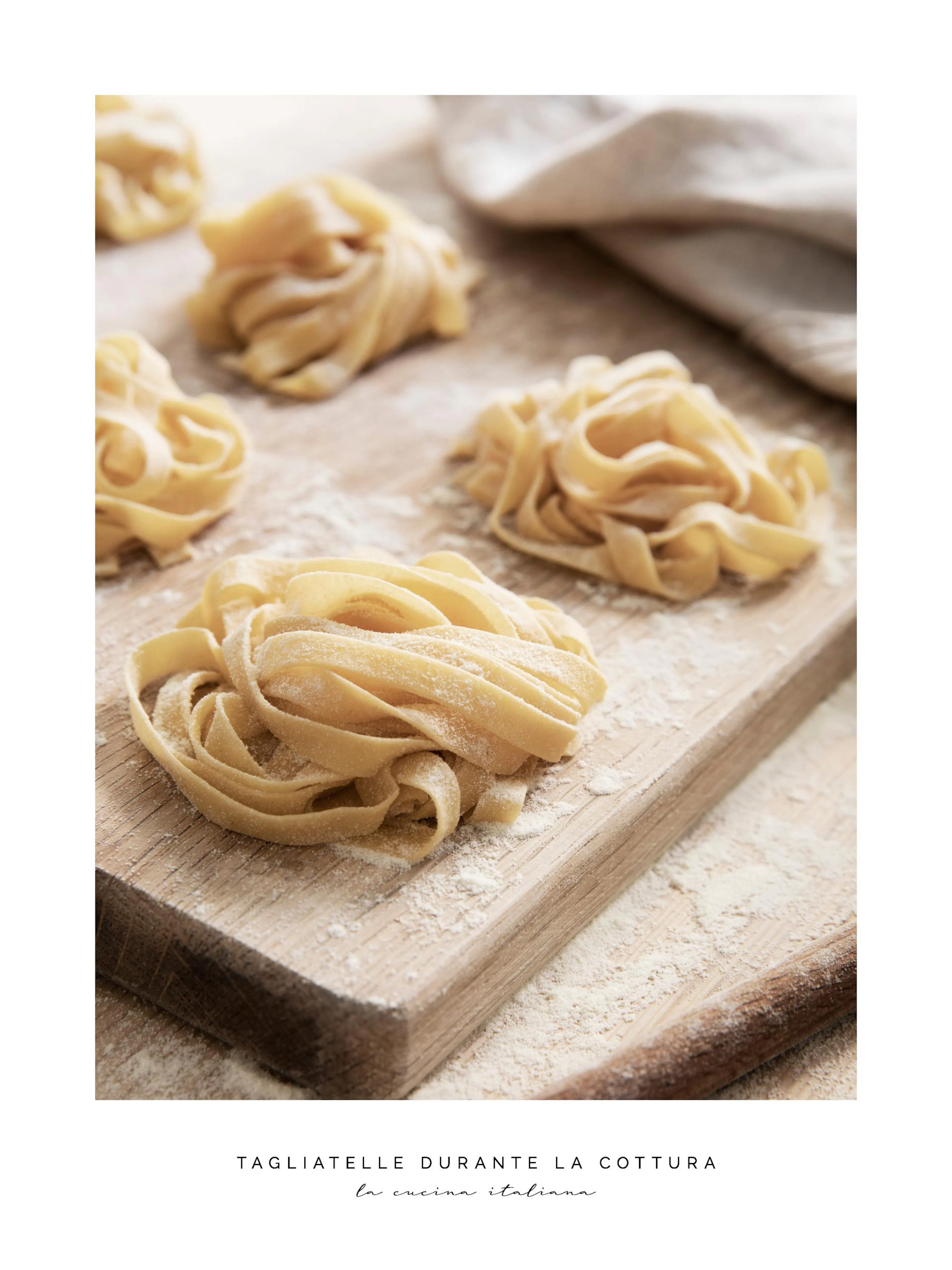 Photography print of fresh tagliatelle pasta on a wooden board with flour, ideal kitchen poster.