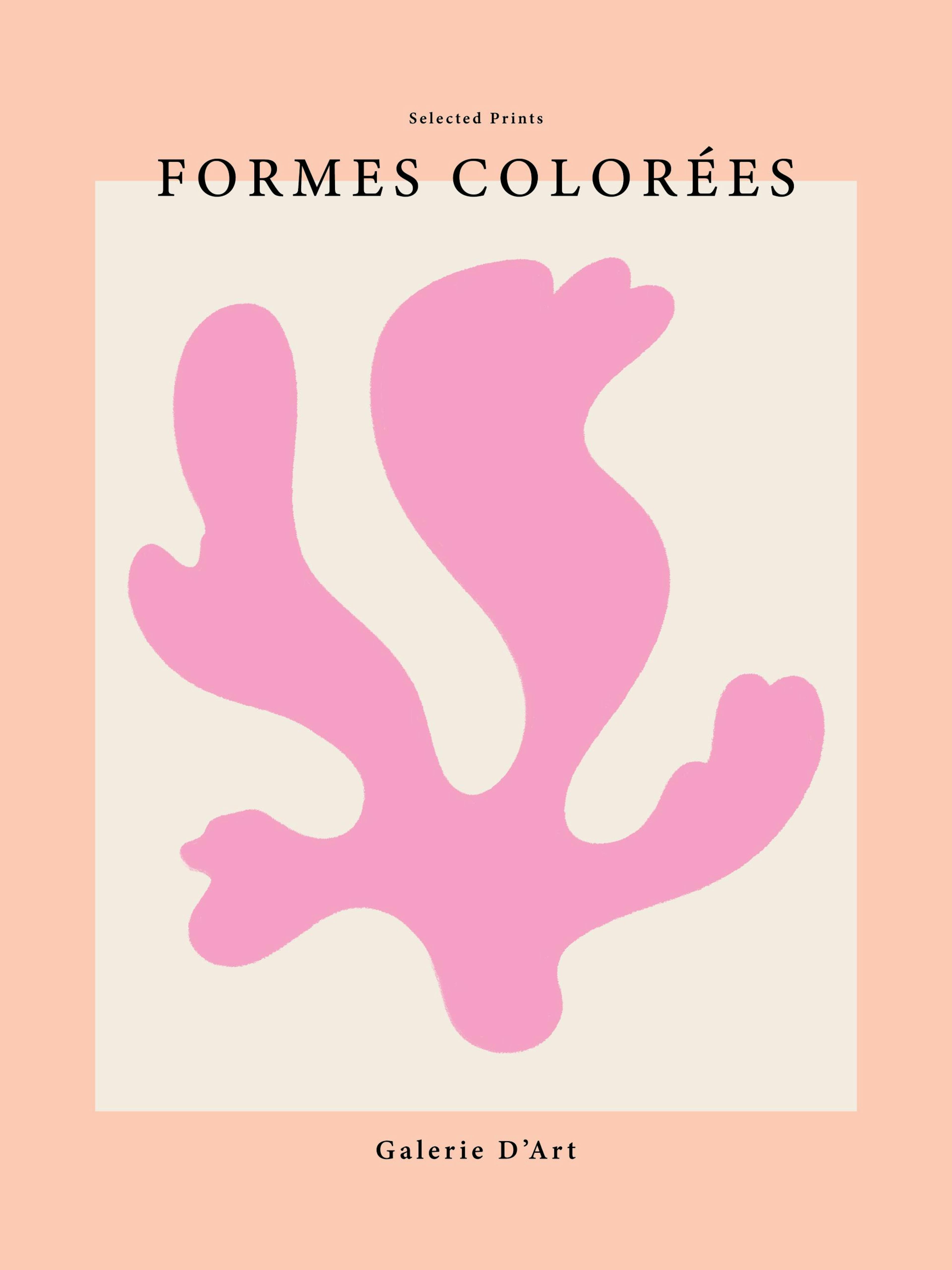 A pink abstract organic shape on a white background with a pink border, displayed above a wooden console table with decor.