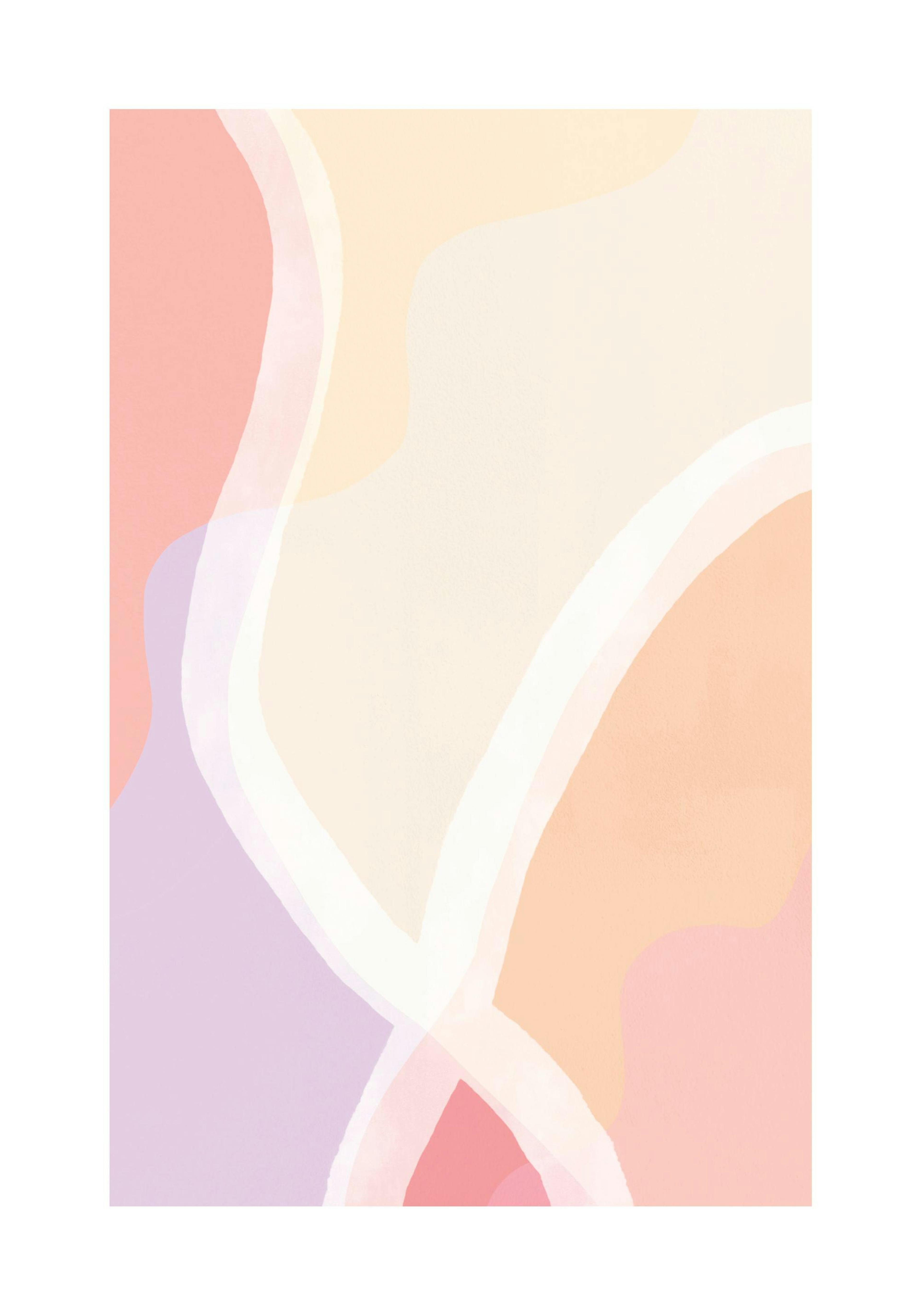 Farverig plakat med abstrakte former i gul, orange, lilla og pink, adskilt af hvide, tykke streger.