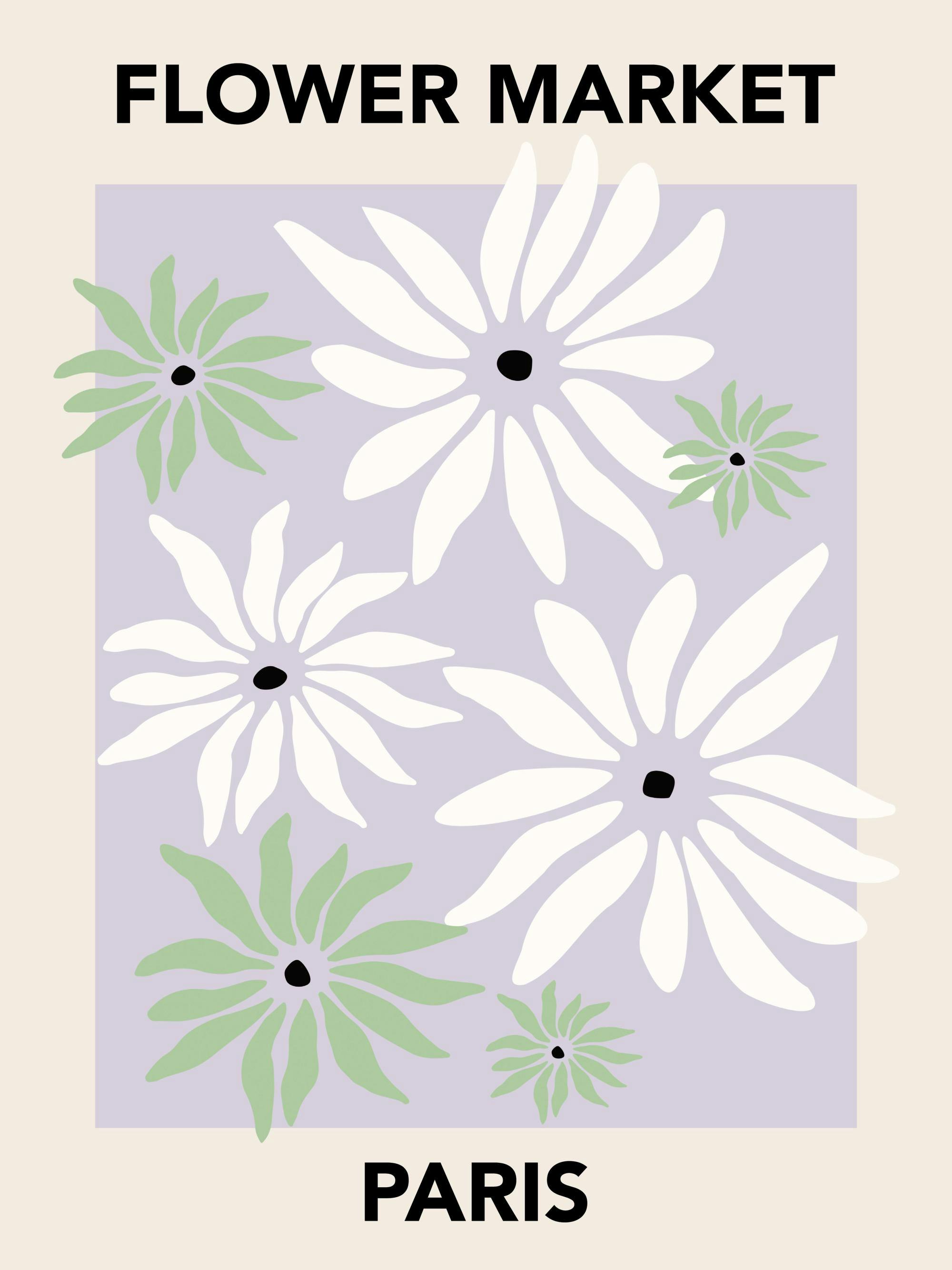 Poster med vita och gröna blommor i en lila ruta på beige bakgrund. Texten FLOWER MARKET och PARIS.