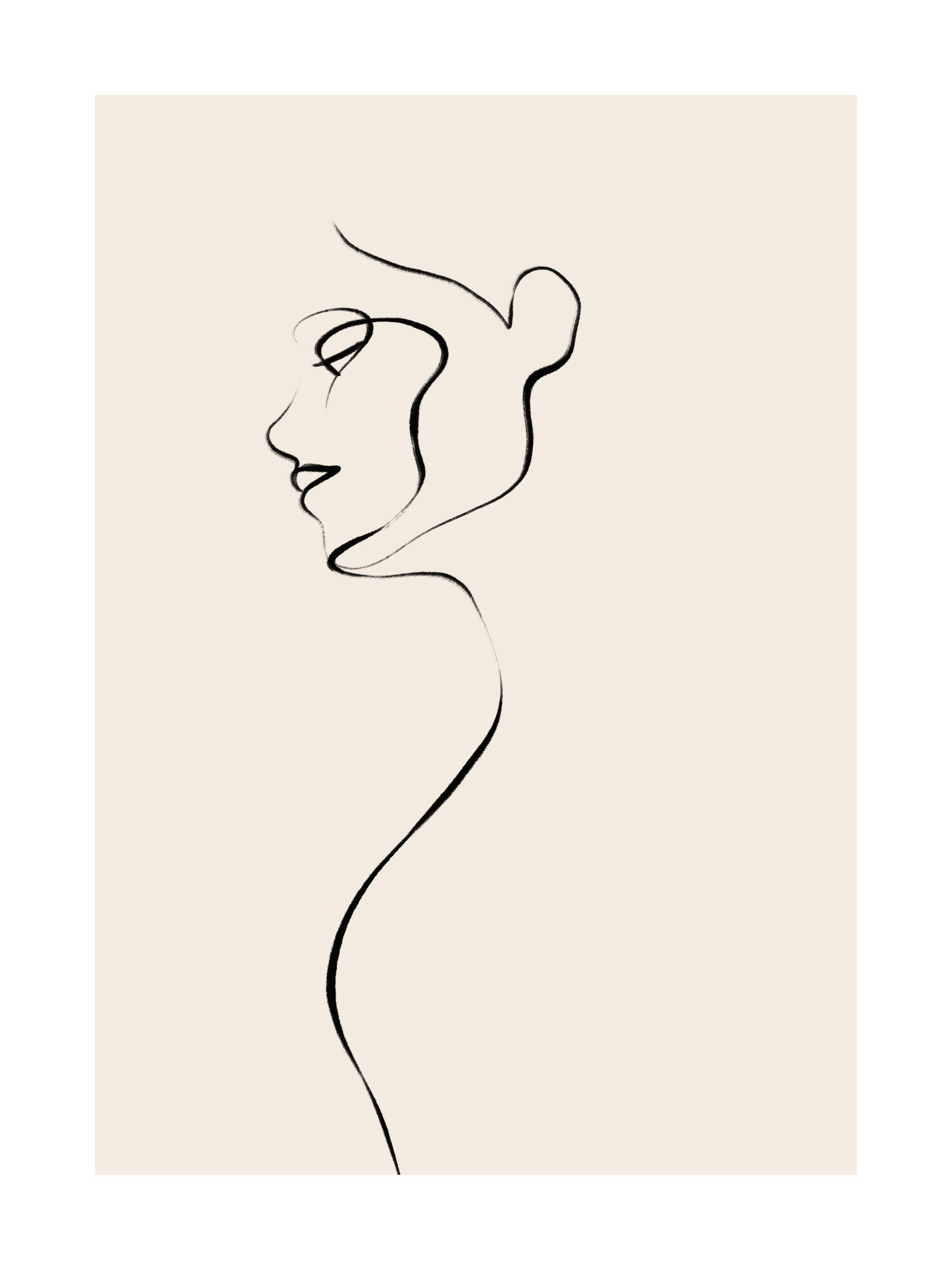 Svart linjeaffisch av en kvinnas överkropp och ansikte på en ljusbeige bakgrund. Enkel och ren design.