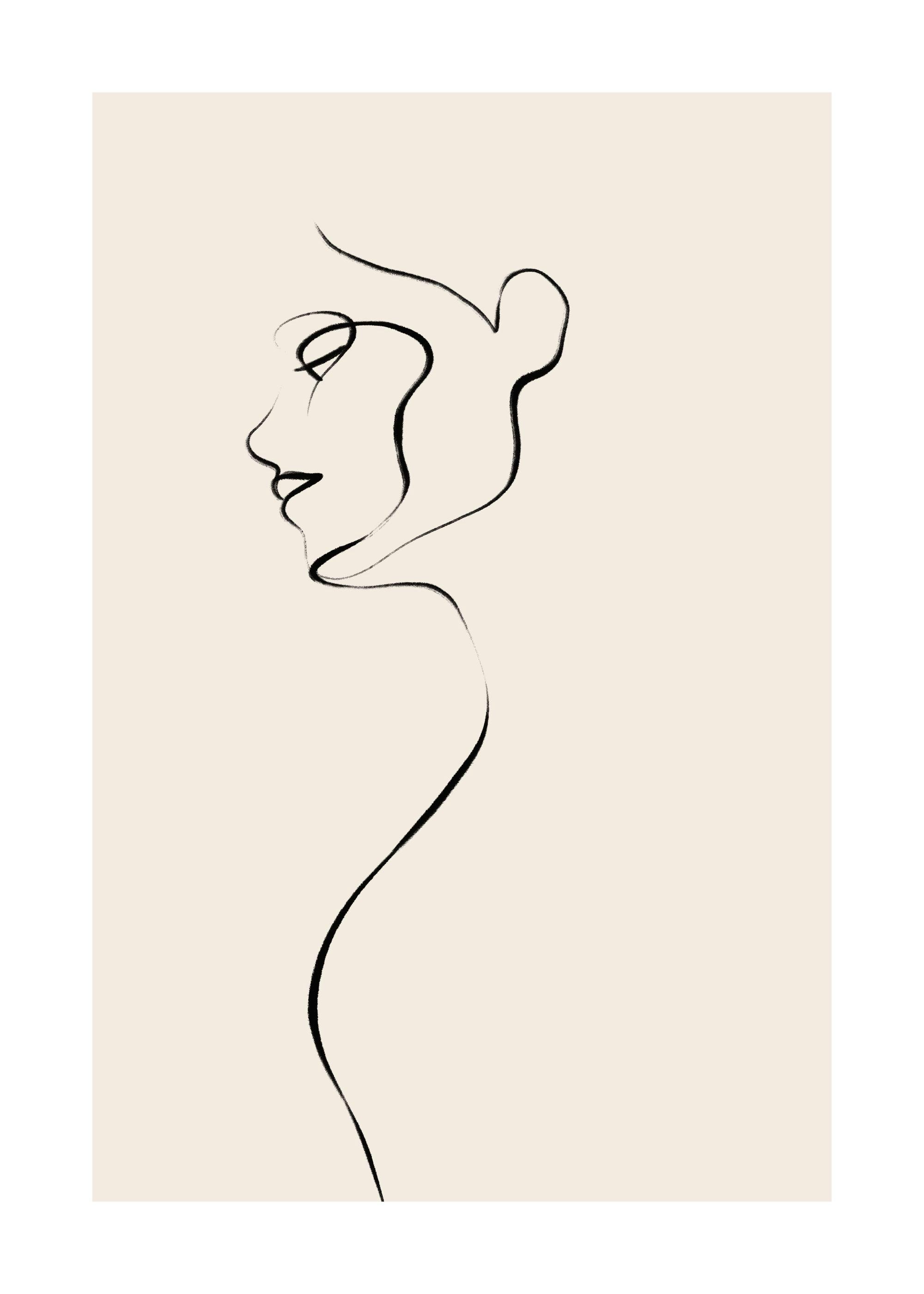 Affiche noir et beige, dessin au trait minimaliste dune femme de profil, typographie élégante, look moderne