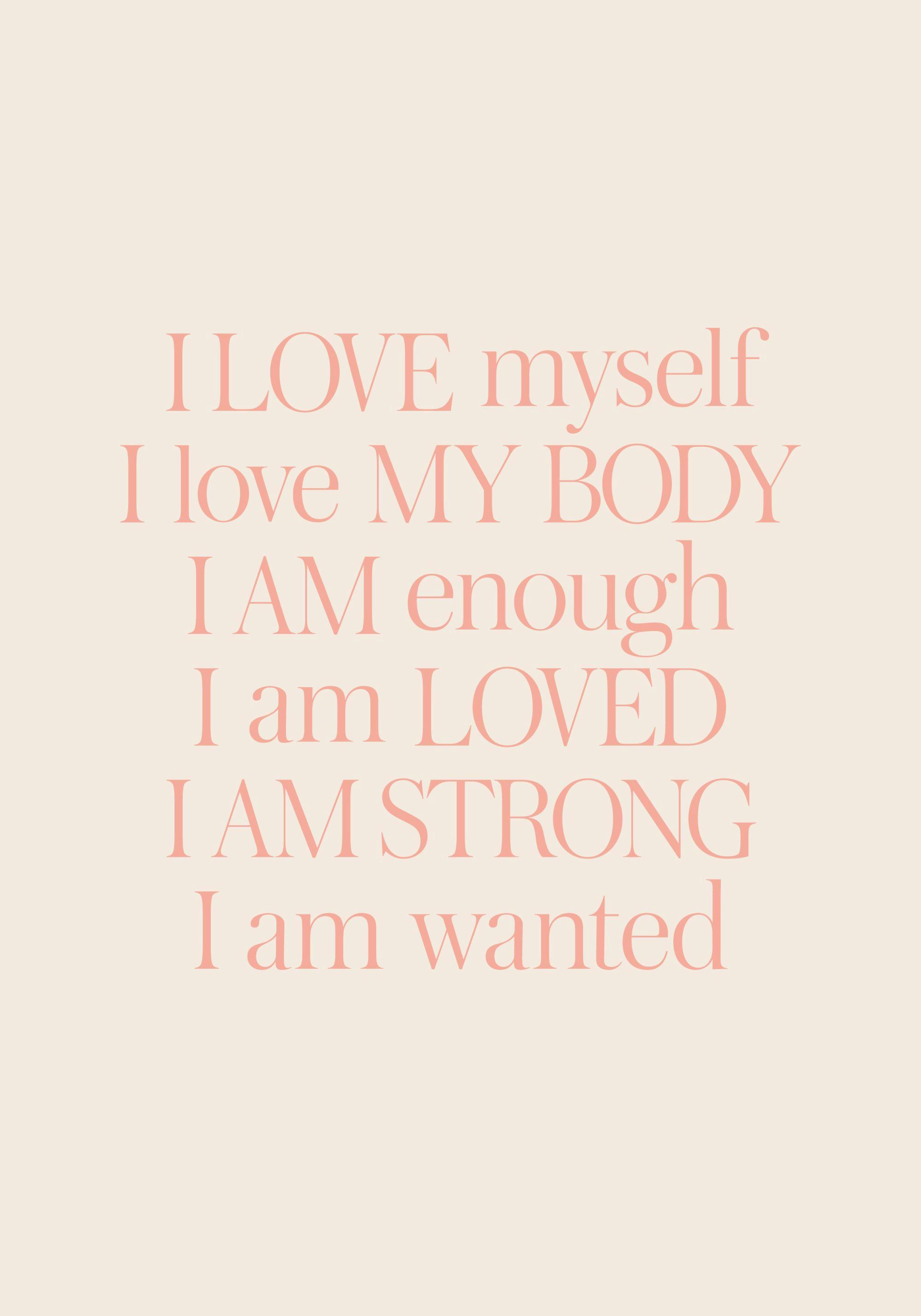 Poster med texten I love myself i pastellorange färg på en ljusbeige bakgrund, modern typografi.