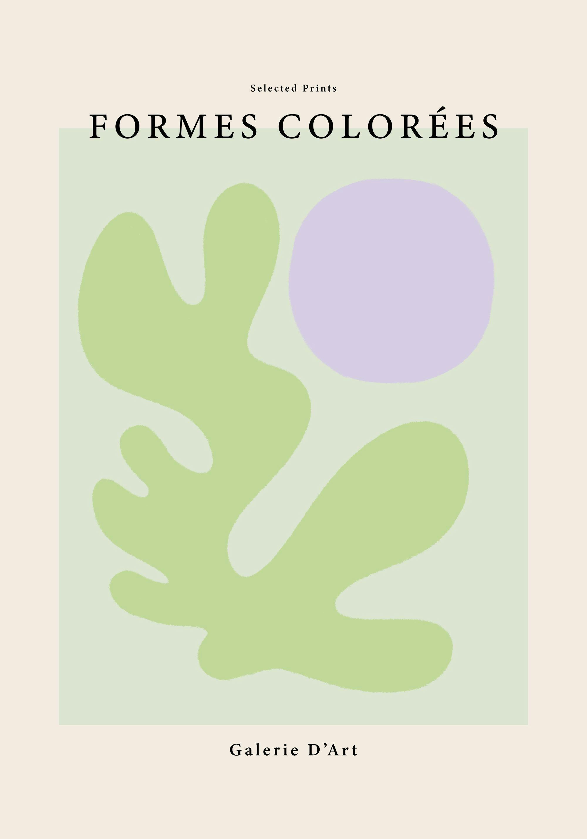 Grön organisk form och lila cirkel på ljusgrön kvadrat med text, beige bakgrund. Grafisk konst för vardagsrum.